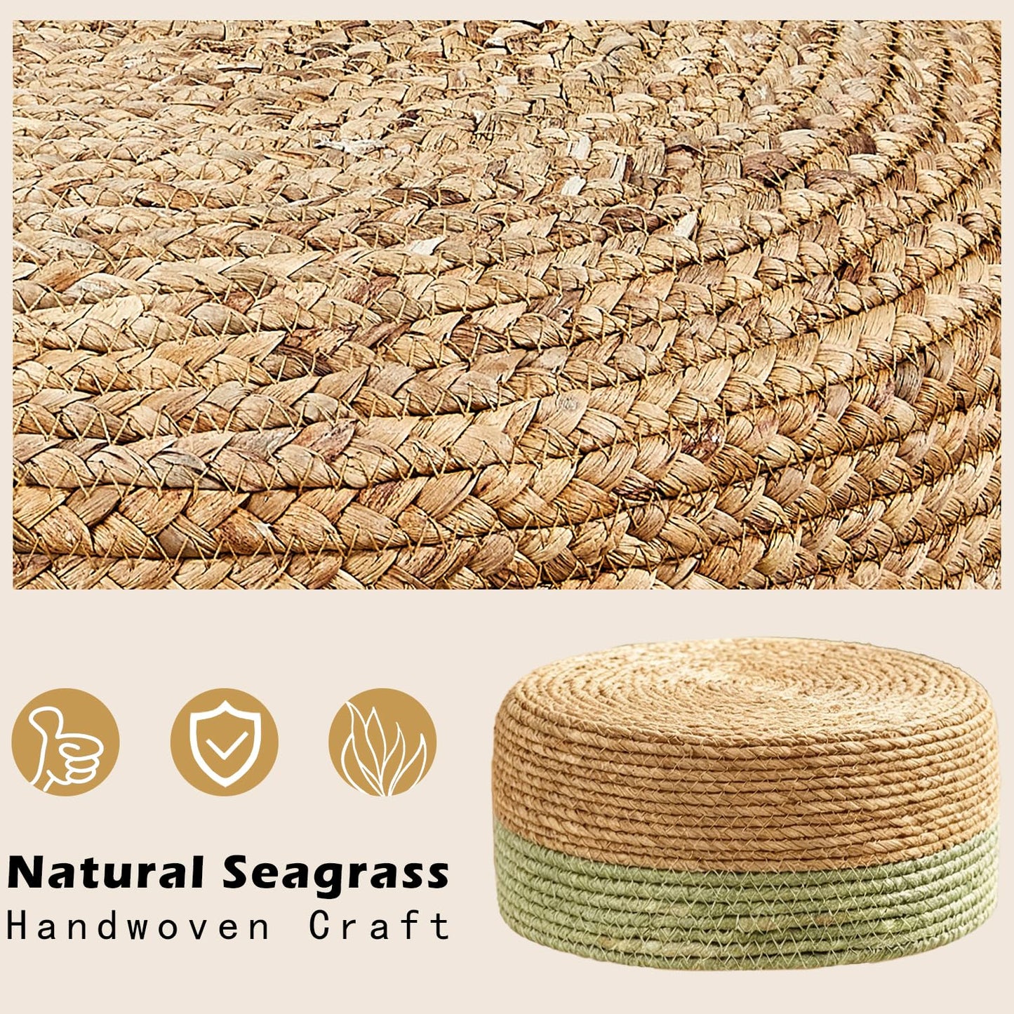 Wimarsbon Round Foot Stool Natural Seagrass Poufs Ottoman Hand Weave Footrest Stool for Couch Desk Extra Seat Step Stool with Solid Wood Legs for Hallway Patio Lounge Green