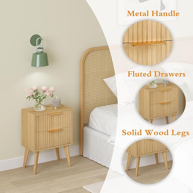 YAUKOMEL Fluted Nightstand, Small Bedside Table, Natural Wood Night Stand