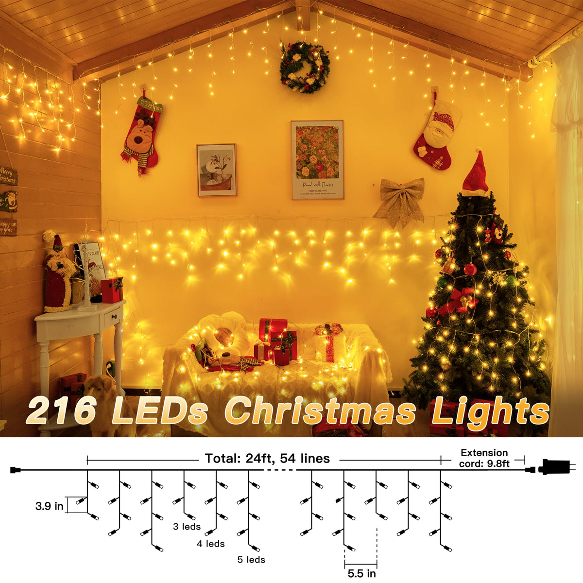 Icicle Lights for Outside, 216LED 24FT Waterproof Christmas Light Outdoor with 8 Modes & Timer, Connectable Christmas Icicle Lights for Eaves House Yard Indoor Outdoor Holiday Decoration(Warm White)