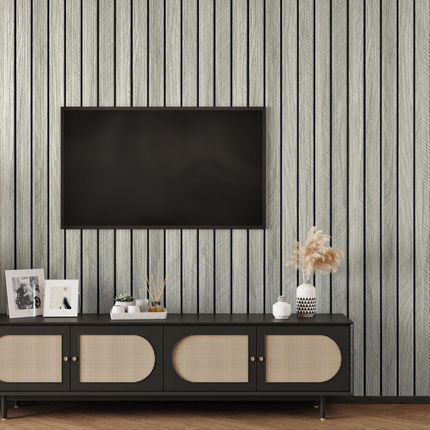 EPPKILY 3D Grey Wood Slat Wall Panel Wallpaper Peel and Stick Self Adhesive Waterproof Wood Acoustic Wall Panels for Bedroom Living Room Office Grey Textured Wooden Slats for Walls 11.8"×118"
