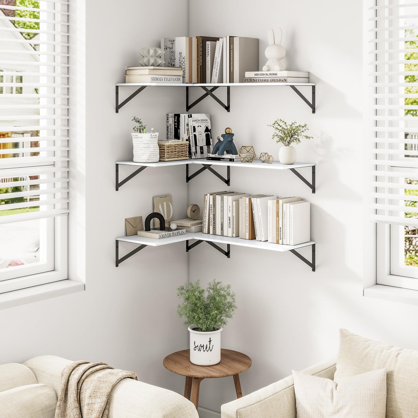 Heimlove 24" W x 12" D Wall Shelves for Books, 12 Inch Deep Floating Shelves Set of 3, Wide Floating Bookshelf with Metal Bracket for Living Room, Kitchen, Office, Bedroom and Decor Storage - White