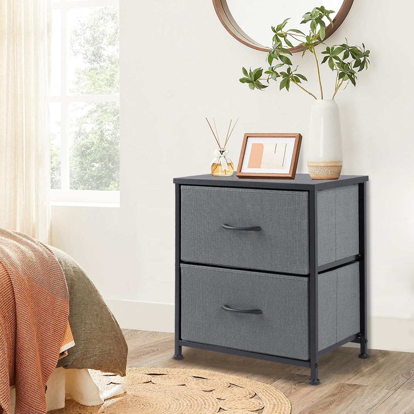 DUMOS Nightstand Small Dresser with 2 Fabric Drawers Side Bedroom End Table Kids Bedside Storage Furniture for 20 inch Tall Night Stand for Closet, Entryway, College Dorm, Ash