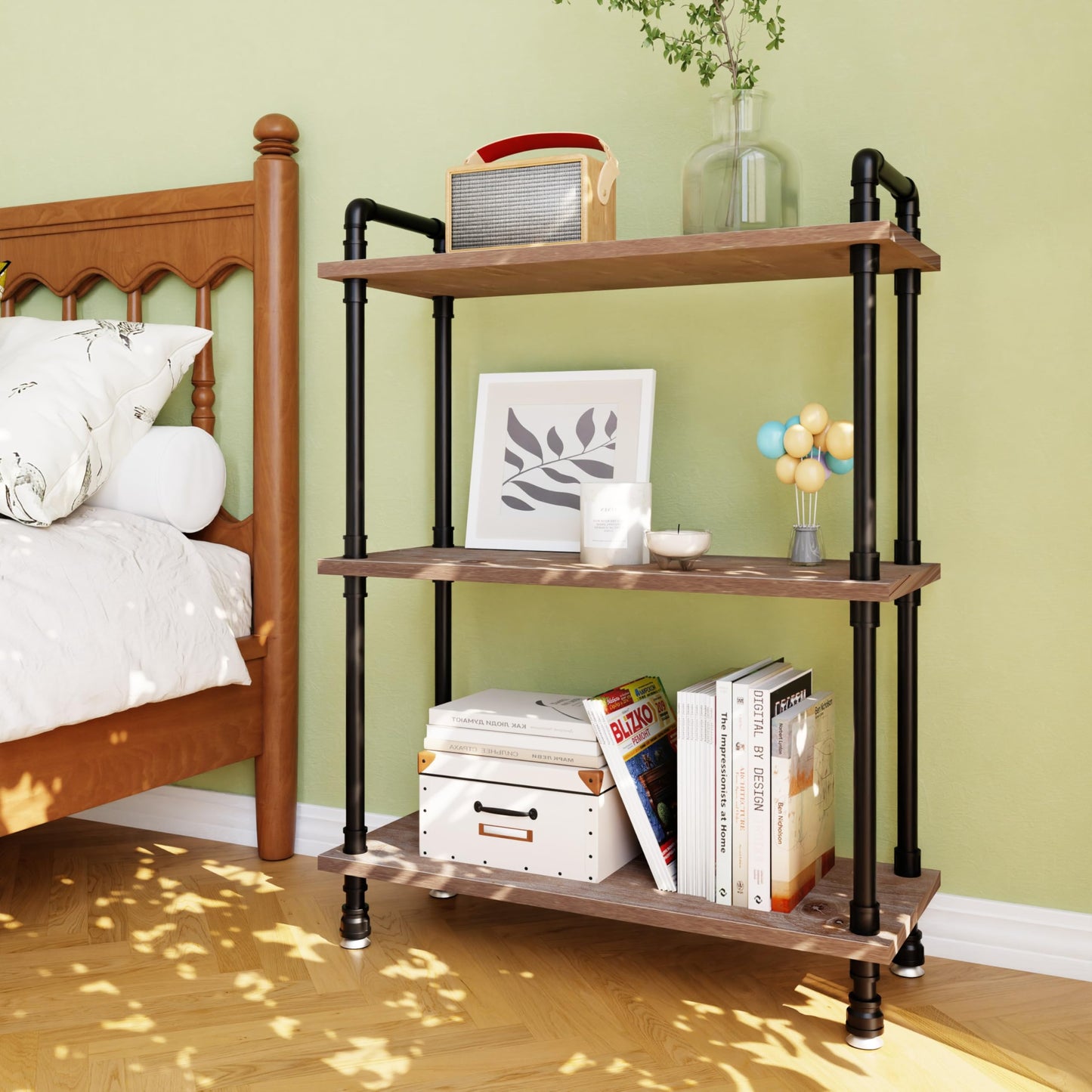 Industrial Bookshelf, Rustic Open Bookcase, 3 Tier Wood and Metal Bookshelf, Solid Pine Wood and Iron Pipe Storage Shelf Narrow Small Space Storage Shelf for Living Room Office Bedroom Kitchen
