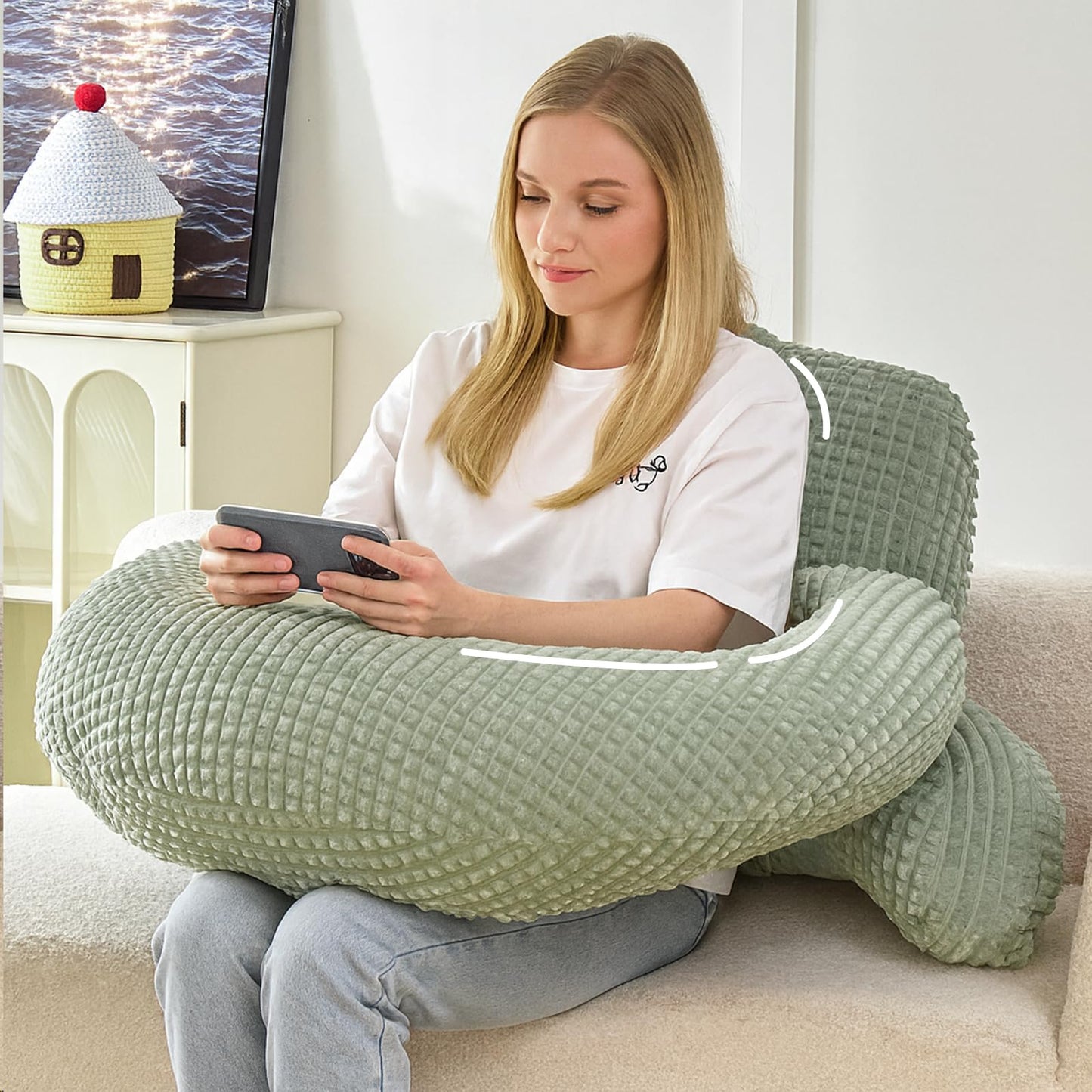 19" Reading Pillow for Bed,U Shaped Arm & Elbow Support,Green Flannel