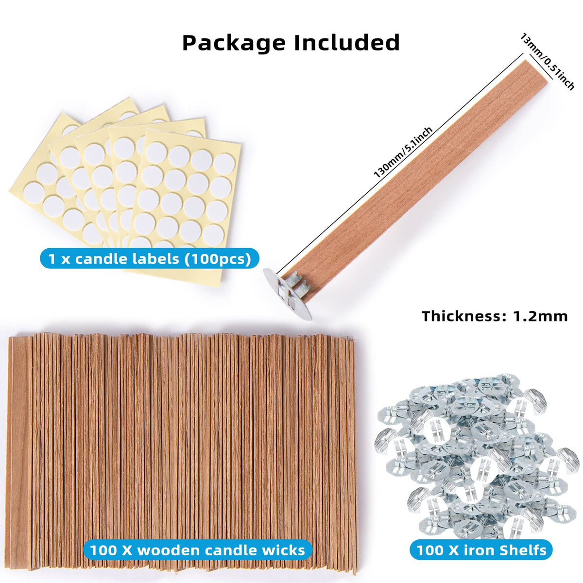 Ziosxin 300 Thicken Smokeless Wooden Candle Wicks - Long Lasting Flame - Easily Burn, 1.2mm Thickness 5.1" X 0.5" Candle Cores with Iron Stand and Glue Dot for DIY Candle Making Craft