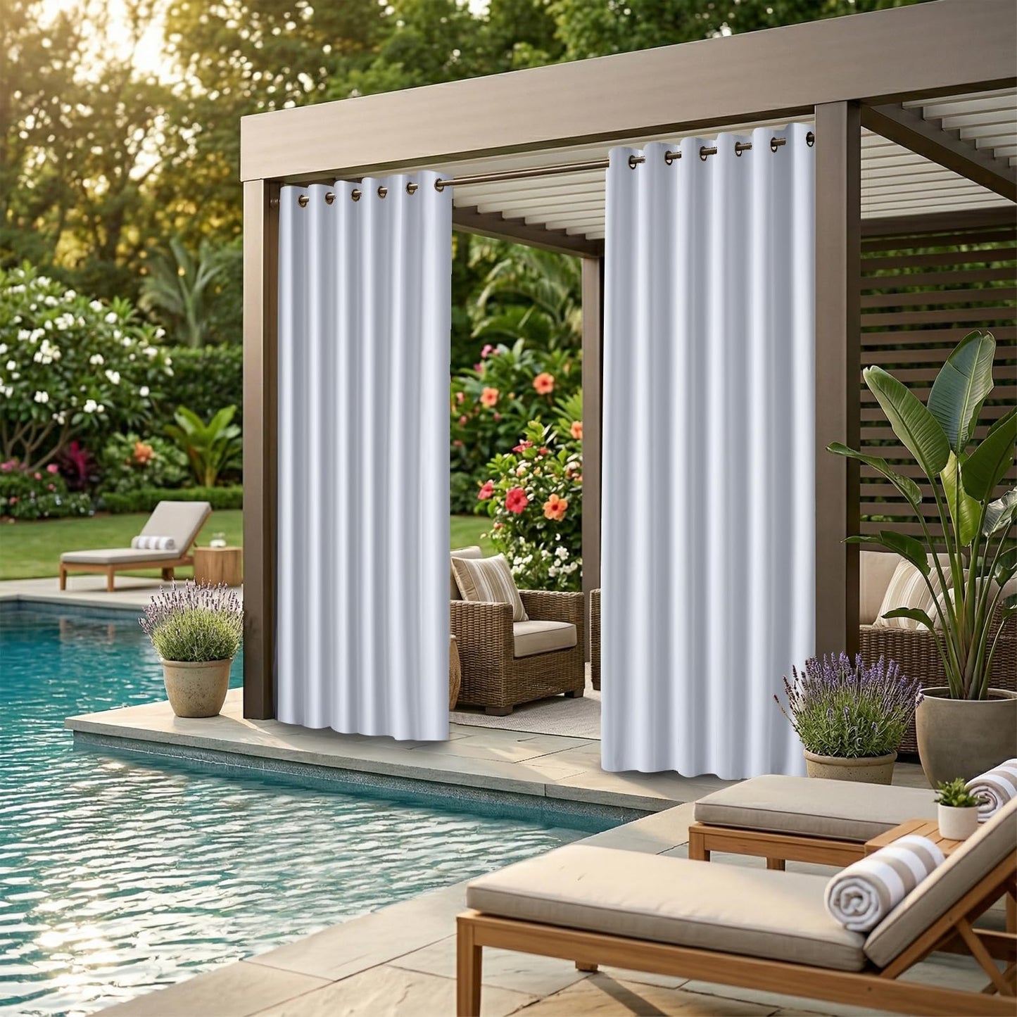 Water Proof Outside Curtains with Grommet Top for Porch, W84 x L95 Thermal Insulated Washable Light Block Outdoor Divider Drapes for Patio Gazebo Deck Pool Area Pergola Cabana (2 Panels)