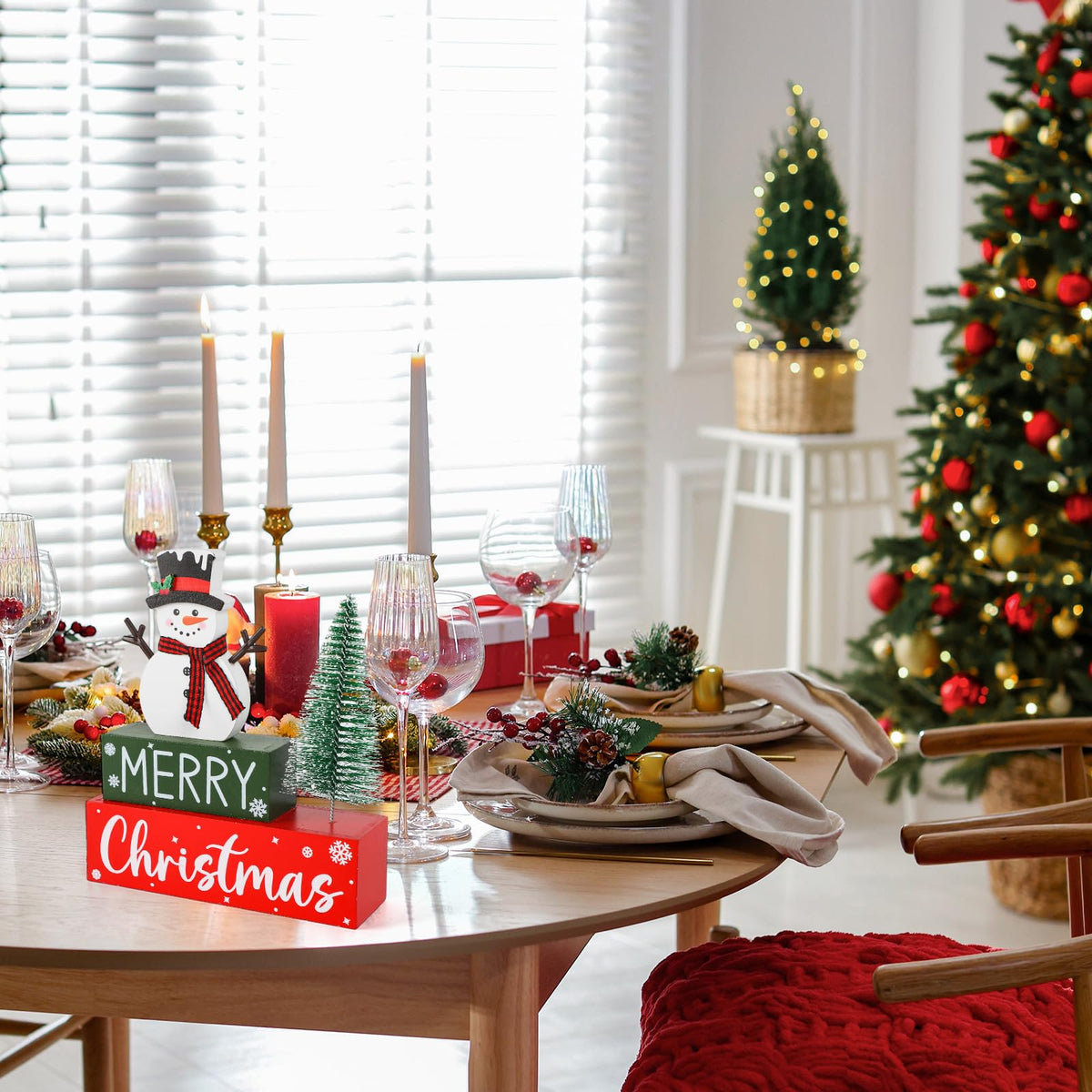 Merry Christmas Decorations Indoor Wooden Snowman Christmas Tabletop for Home Xmas Tree Centerpieces for Tables Wood Table Sign Decor Tiered Tray Office Desk Shelf Mantel Room Winter Holiday Party