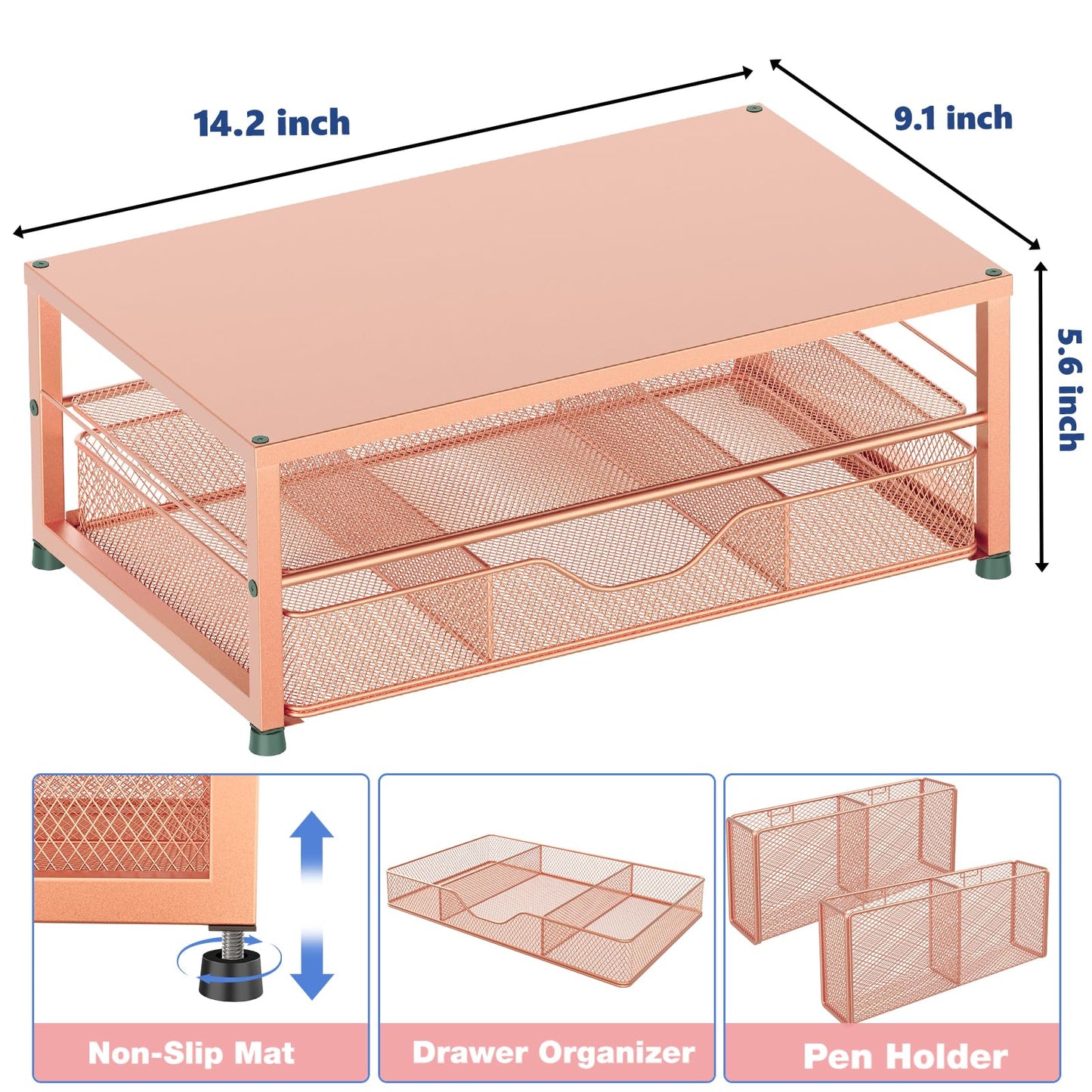 OPNICE Desk Organizers and Accessories, 2-Tier Computer Monitor Stand with Drawer and 2 Pen Holders, Laptop Stand, Office Desk Accessories for Office Supplies, Rose Gold