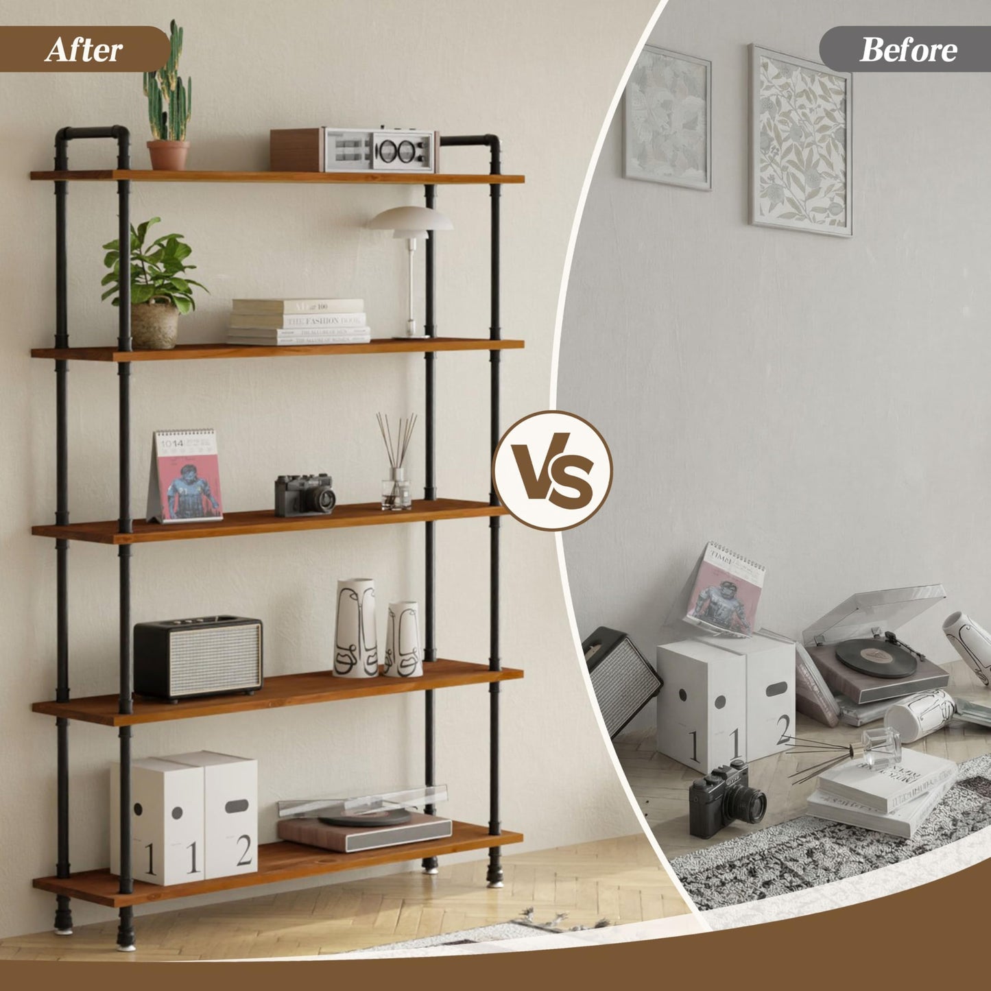 Anynice Industrial Bookshelf, Rustic Open Bookcase, 5 Tier Wood and Metal Bookshelf, Solid Pine Wood and Iron Pipe Tall Narrow Storage Shelf for Living Room Bedroom Office Kitchen
