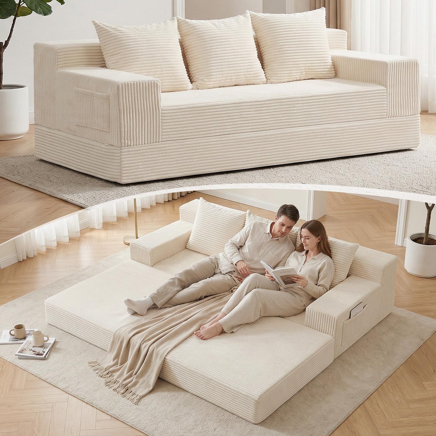 feliz home 78.5” Convertible Sofa Bed,Corduroy 3 Seater Boneless Couch Bed Futon,Fold Out Couch with 3 Pillows,Loveseat Sleeper with Pull Out Bed for Living Room, Guest,Bedroom,Beige