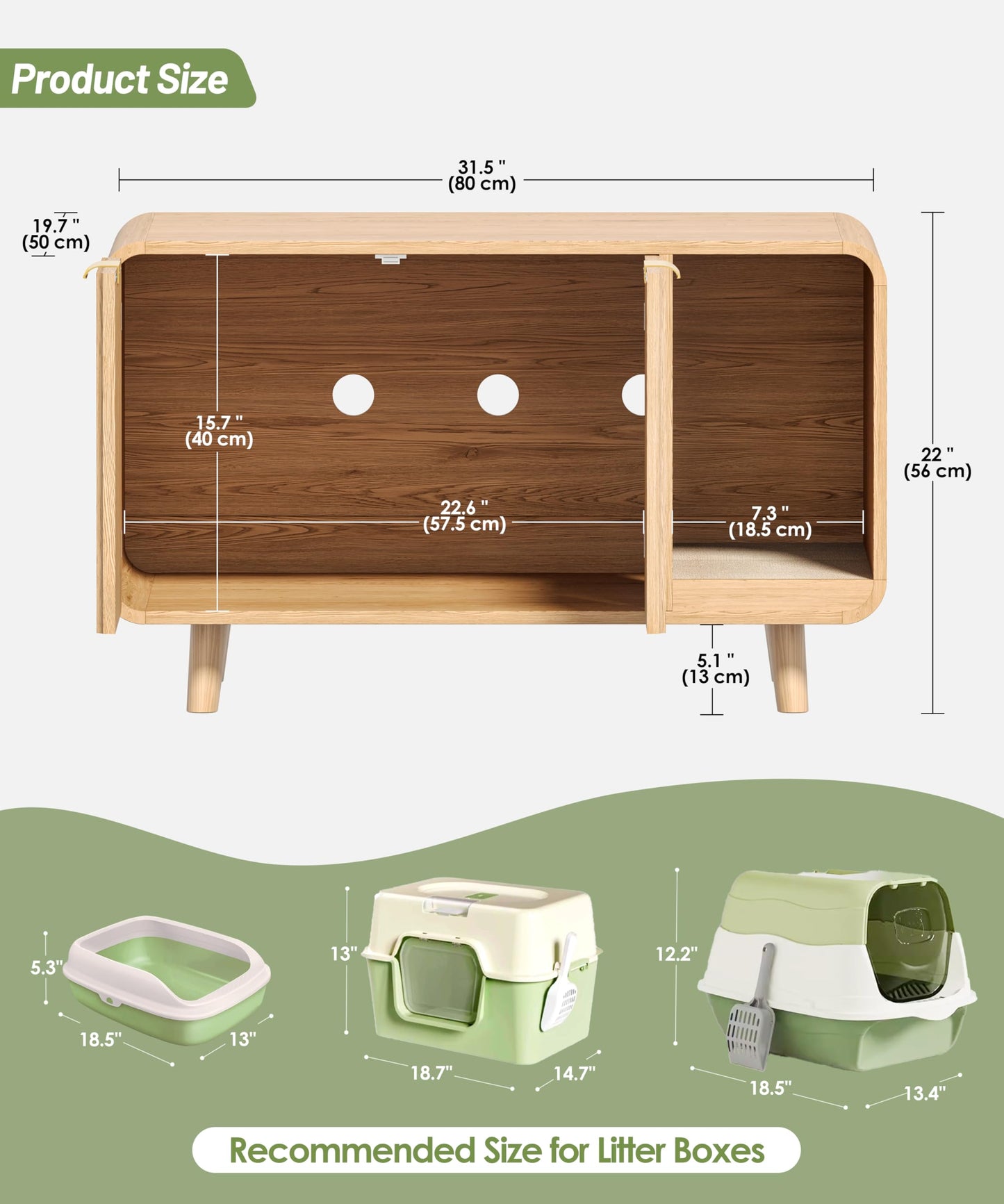 Zeibospri Fluted Cat Litter Box Enclosure with Solid Wood Legs, Hidden Cat Litter Cabinet, Modern Cat House Furniture, Reduce Litter Tracking, 31.5 x 19.7 x 22 Inches, for Living Room, Bedroom, Oak