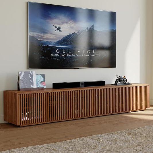 POVISON Full Assembled Mid Century Modern TV Stand, Wood Slatted Media Console