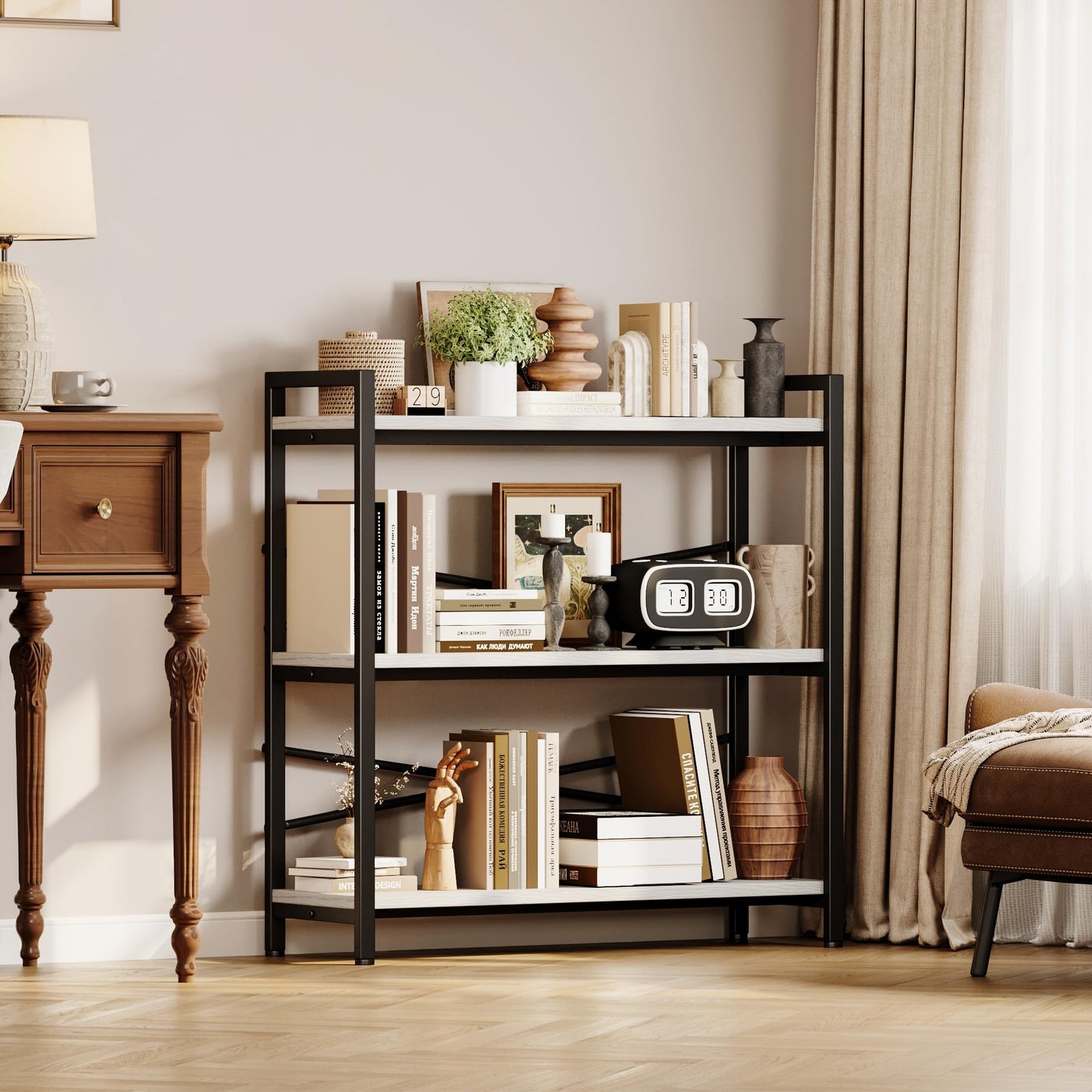 Book Shelf, 3 Tier Bookshelf 31.49" Width, Book Shelf Storage and Organization, Wooden and Metal Industrial Bookcase, Large Book Shelves for Home Living Room Bedroom Office Storage(White)
