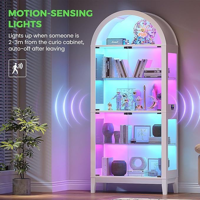HNEBC Arched Display Case with RGB Lights, LED Curio Cabinet with Shelf