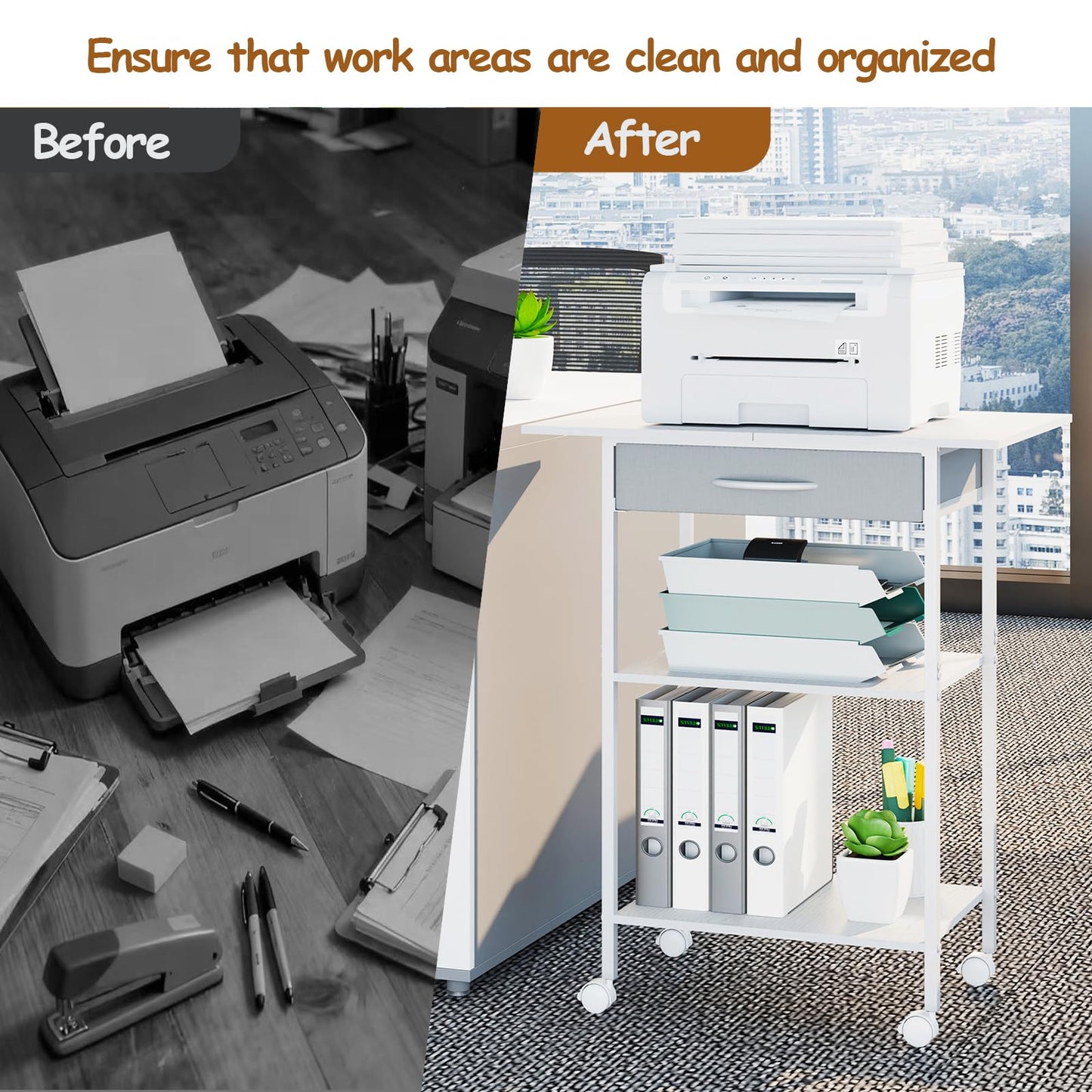 Arbuxzuy 3-Tier Printer Stand, Printer Table with Fabric Drawer, Industrial Printer Storage Cart with Wheels, Rolling Printer Stand for Heat Press Scanner Fax, White