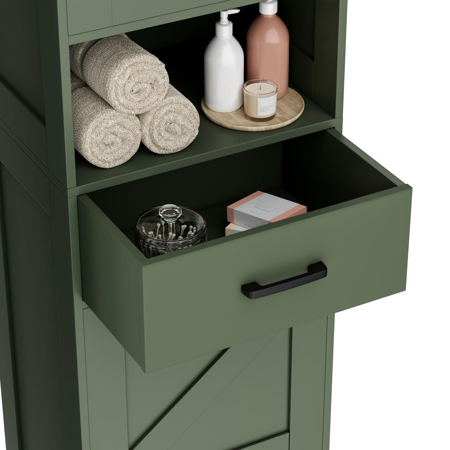 Homhedy 67" H Tall Bathroom Storage Cabinet with 2 Barn Doors and 1 Drawer, Narrow Storage Unit, Adjustable Shelves, Floor Cabinet for Bathroom, Living Room, Entryway, Kitchen, Green, (15.7" W)