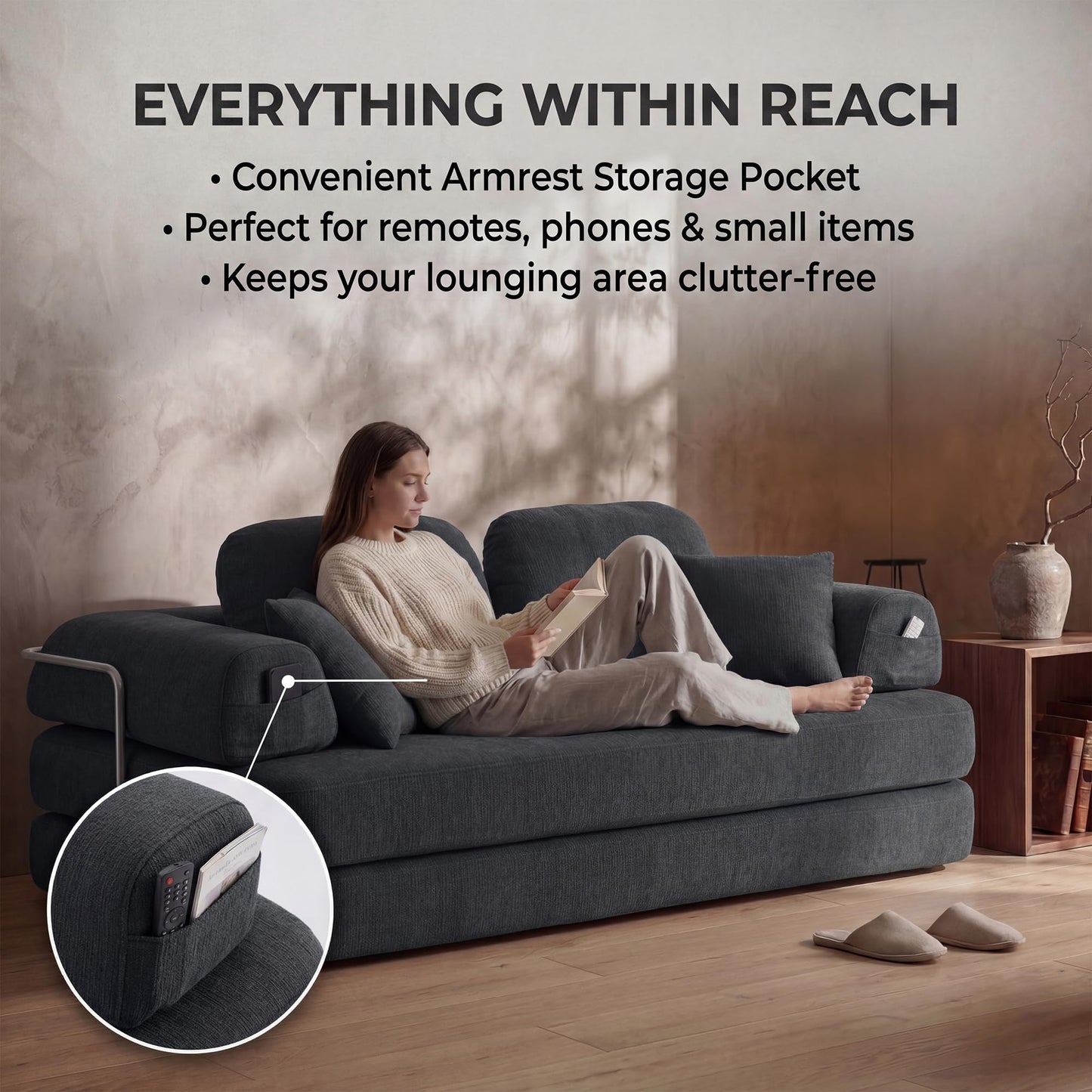 YasuSoofa Boneless Floor Sofa, 3-in-1 Convertible Loveseat Sleeper Futon, Modular Small Space Sofa Bed with High Headrests & Side Storage Pockets for Living Room, No Assembly, Bedroom, Apartment