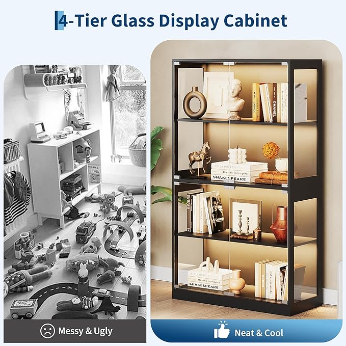 IDEALHOUSE Glass Display Cabinet 4-Tier, Curio Cabinets