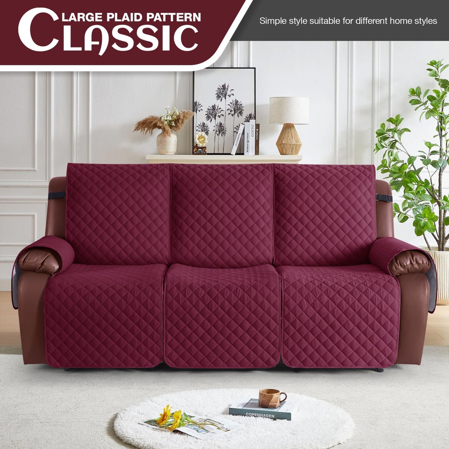 KinCam Recliner Sofa Covers for 3 Seat, 100% Waterproof Reclining Couch Covers, Non-Slip Recliner Couch Cover Furniture Protector with Elastic Straps for Pets, Kids, Burgundy