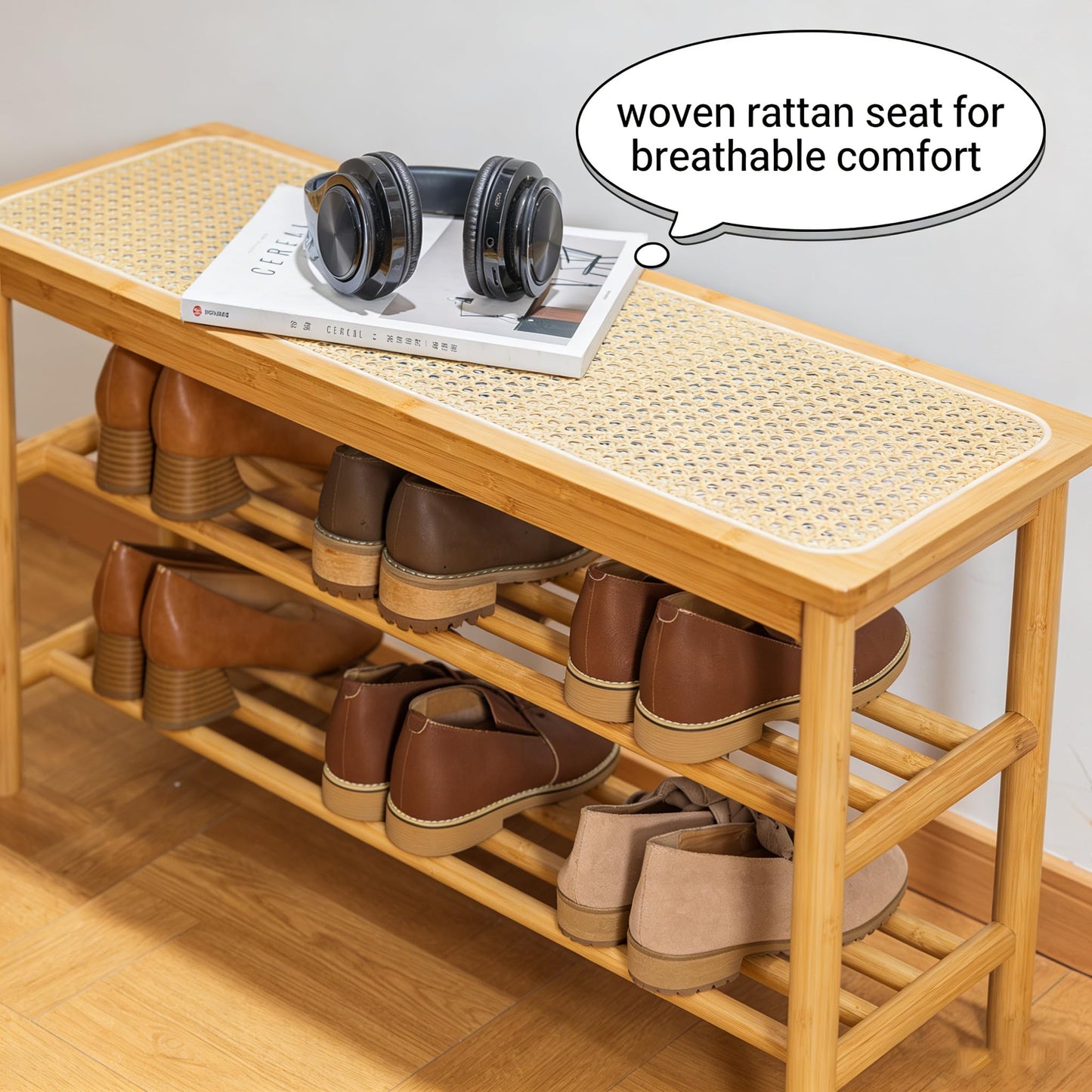 latifolia Shoe Rack Bench, 3-Tier Bamboo Shoe Bench with Breathable Rattan Seat Cushion, Shoe Storage Rack for Entryway(Nautre,31.50''L)