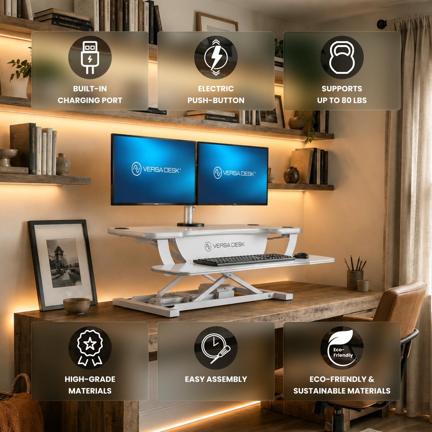 VERSADESK PowerPro 40 Inch Electric Standing Desk Converter – Push-Button Height Adjustable Sit to Stand Desk Riser for Triple Monitors & Laptop – Motorized Desktop Workstation with Wide Keyboard Tray