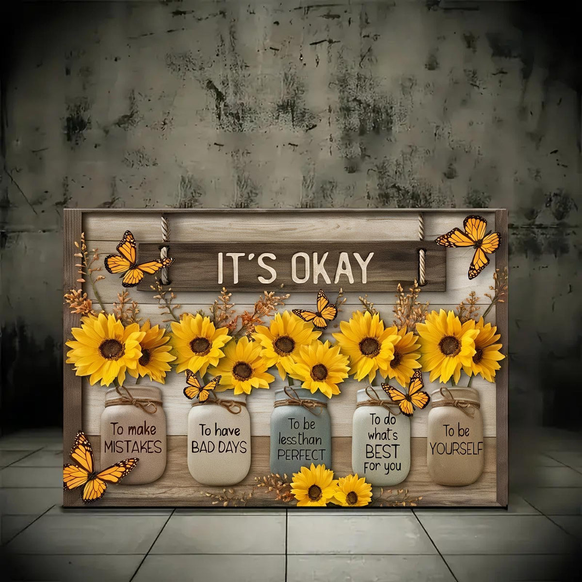 HYFBH Rustic Farmhouse Sunflower Wall Art Framed It's Okay Inspirational Quotes Post Yellow Sunflower Pictures Wall Decor Prints Artwork Canvas for Living Room Kitchen Office Ready to Hang 16x24In