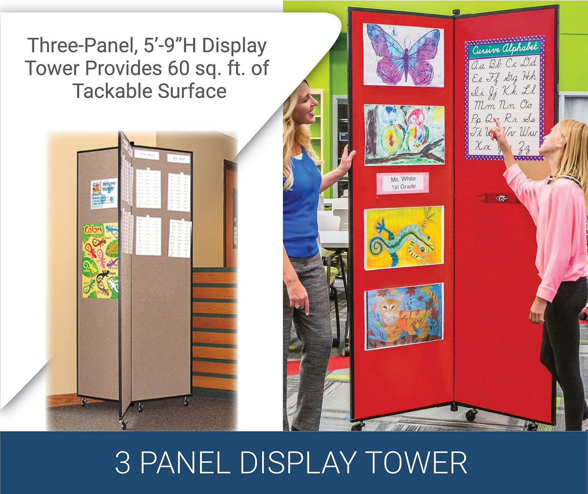 Screenflex Display Towers, Portable Wall Divider Boards for Art Show Partitions, Classroom Panels and Offices - 5'9”H x 3'1”W - 3 Panels - Stone Fabric