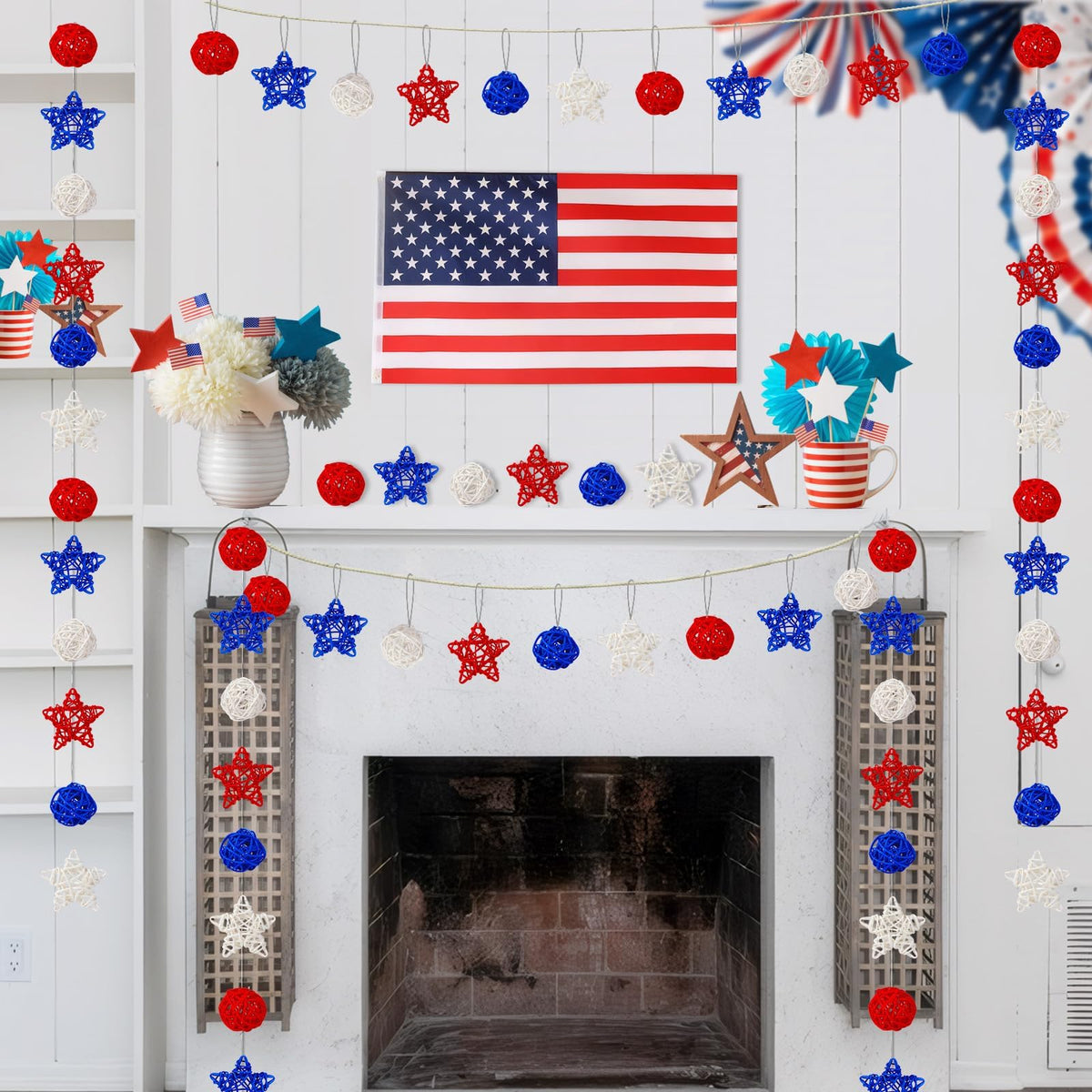NOVWANG 40 Pcs 4th of July Star Rattan Balls Decoration Centerpieces Red Blue White Wicker Ball for 4th of July Independence Day Patriotic Party Decoration Table Vase Bowl Filler Hanging Decor