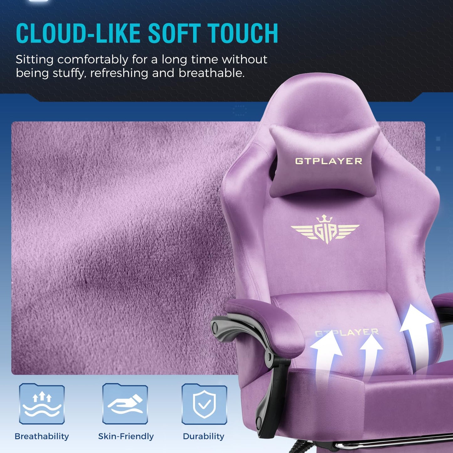 GTPLAYER Gaming Chair Fabric with Pocket Spring Cushion, High Back Ergonomic Computer Chair with Footrest for Adults Lumbar Support Swivel Game Chair for Office Gaming 350LBS, Light Purple