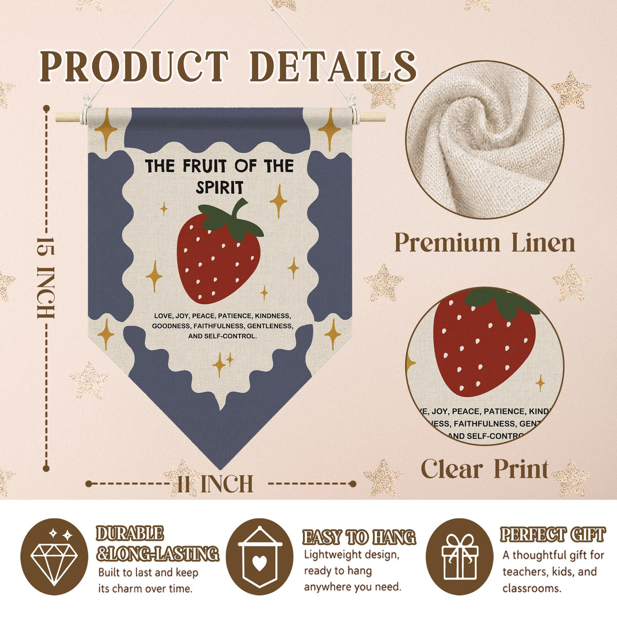 RUKUPA Christian Strawberry Wall Art Decor, the Fruit of the Spirit Bible Verse Hanging Pennant Flag, Religious Wall Art Poster Hanger for Home Bedroom Living Room Kitchen Girls Room Decor, 11x15 Inch