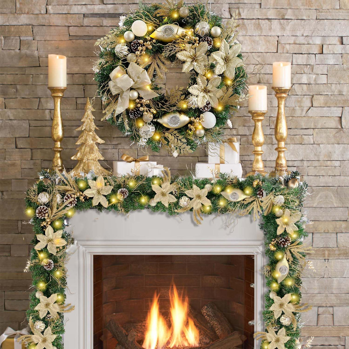 WANNA-CUL Pre-Lit 6 Feet/72 Inch Christmas Garland for Front Door with Lights Champagne Gold Christmas Mantel Garland Decoration with Ball Ornaments, Poinsettia Flowers,Ribbon,Battery Operated 30 LED