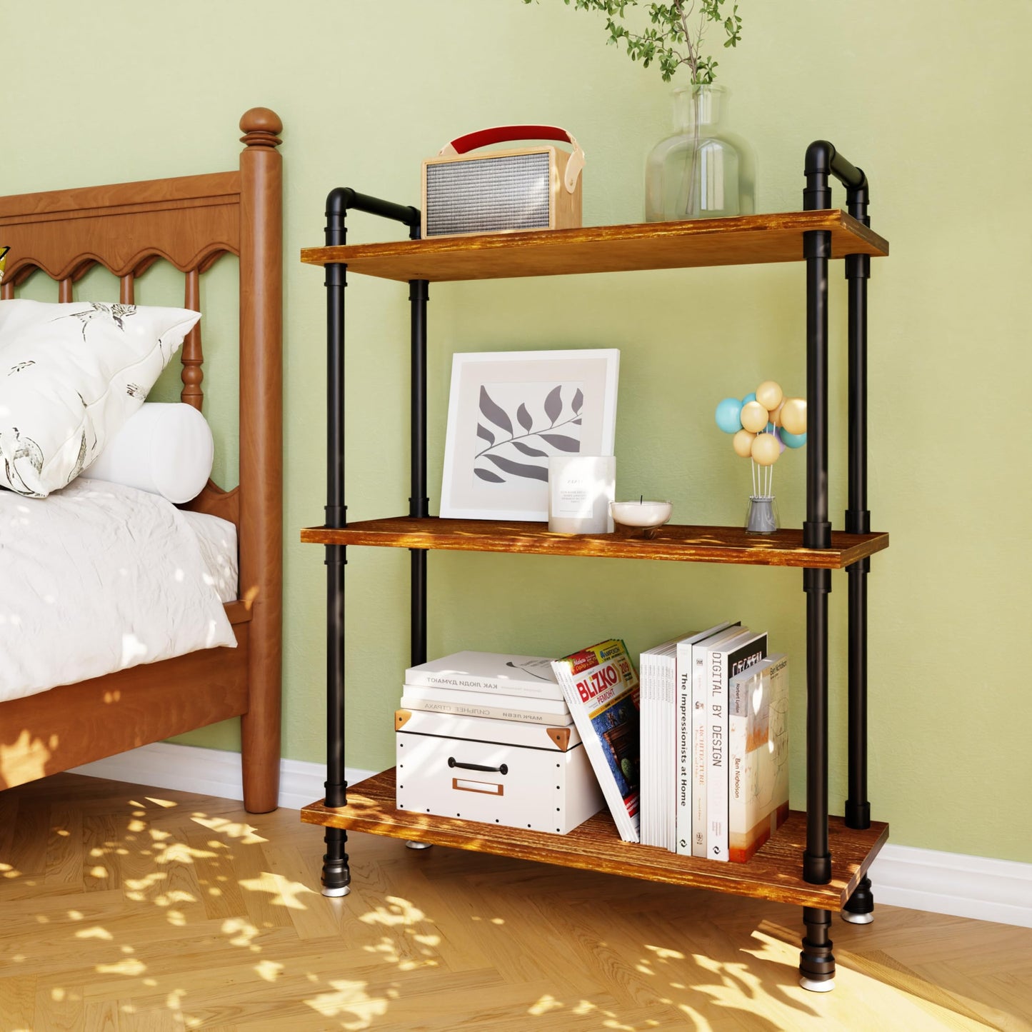 Anynice Industrial Bookshelf, Rustic Open Bookcase, 3 Tier Wood and Metal Bookshelves, Solid Pine Wood and Iron Pipe Storage Shelf Narrow Small Space Organizer for Living Room Office Bedroom Kitchen