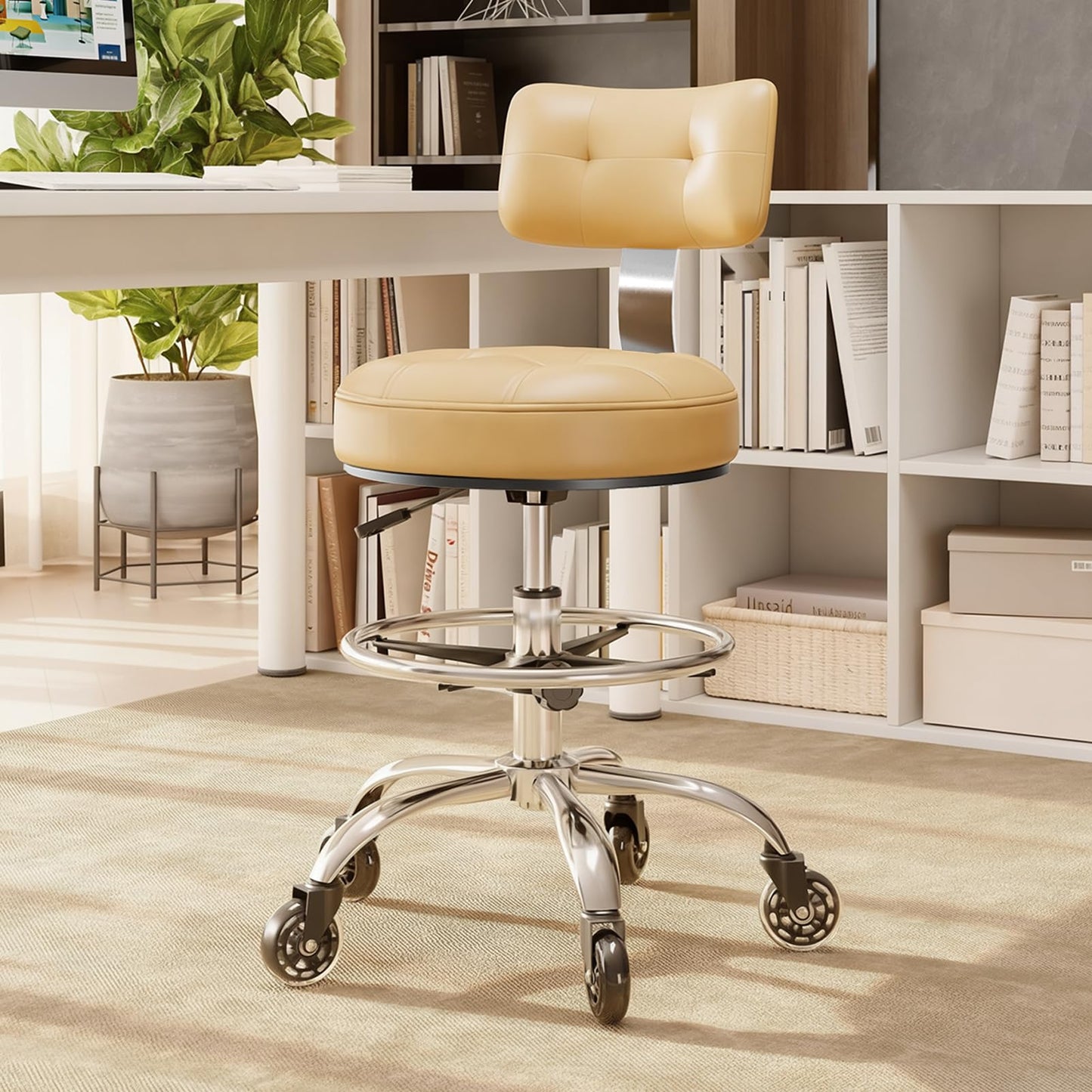 FREEKYROCK Office Drafting Chair with Footrest, Tall Height Adjustable Stool with Back Support, Heavy Duty Rolling Stool Chair with Wheels for Office Home Kitchen Bar Shop Guitar Studio Vanity, White