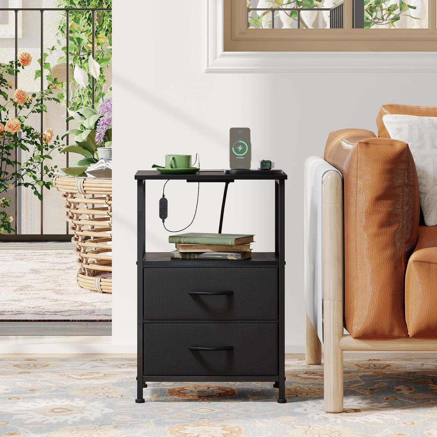 Somdot Black Nightstand with Charging Station and LED Light for Bedroom, 2 Drawers Dresser with Fabric Bins for Bedside Kids Dorm Room Closet Laundry Entryway, Black