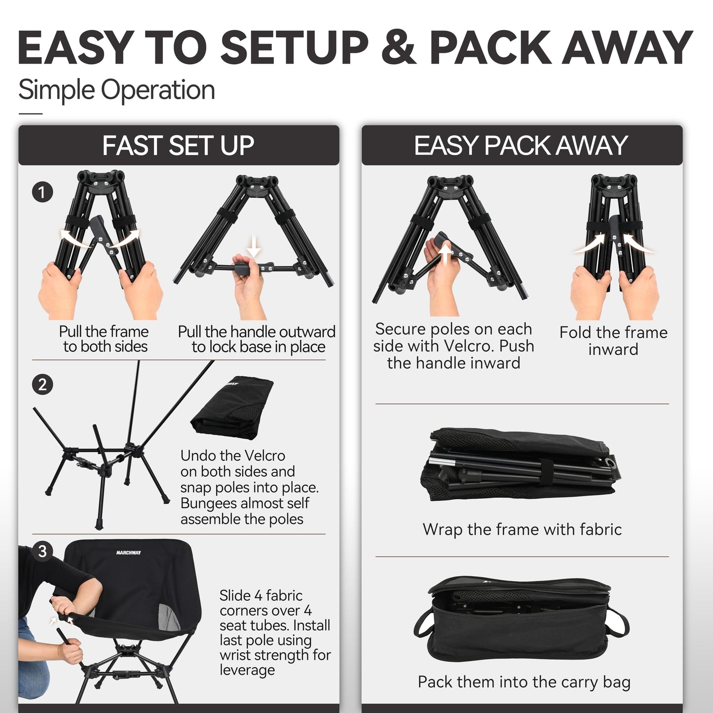 MARCHWAY Lightweight Folding Camping Chair with Spring Lock, Stable Compact Portable for Outdoor Camp, Travel, Beach, Picnic, Festival, Hiking, Backpacking (Lowback Black)