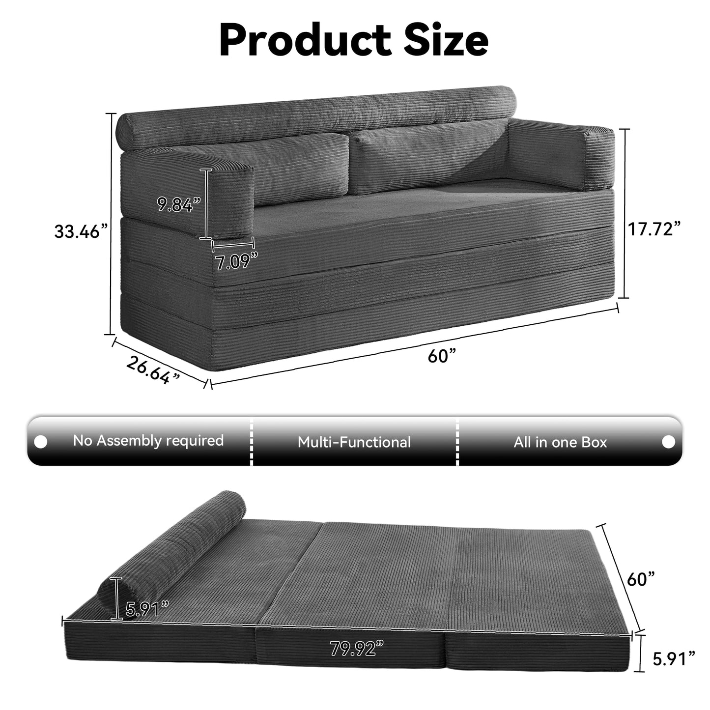 Grey 5-in-1 Convertible Sofa Bed, 60" Boneless Couch Tri Folding Mattress with Removable L-Shaped Armrests, Modern Corduroy Futon Couch Sleeper with Pull Out Bed for Living Room Bedroom Apartment