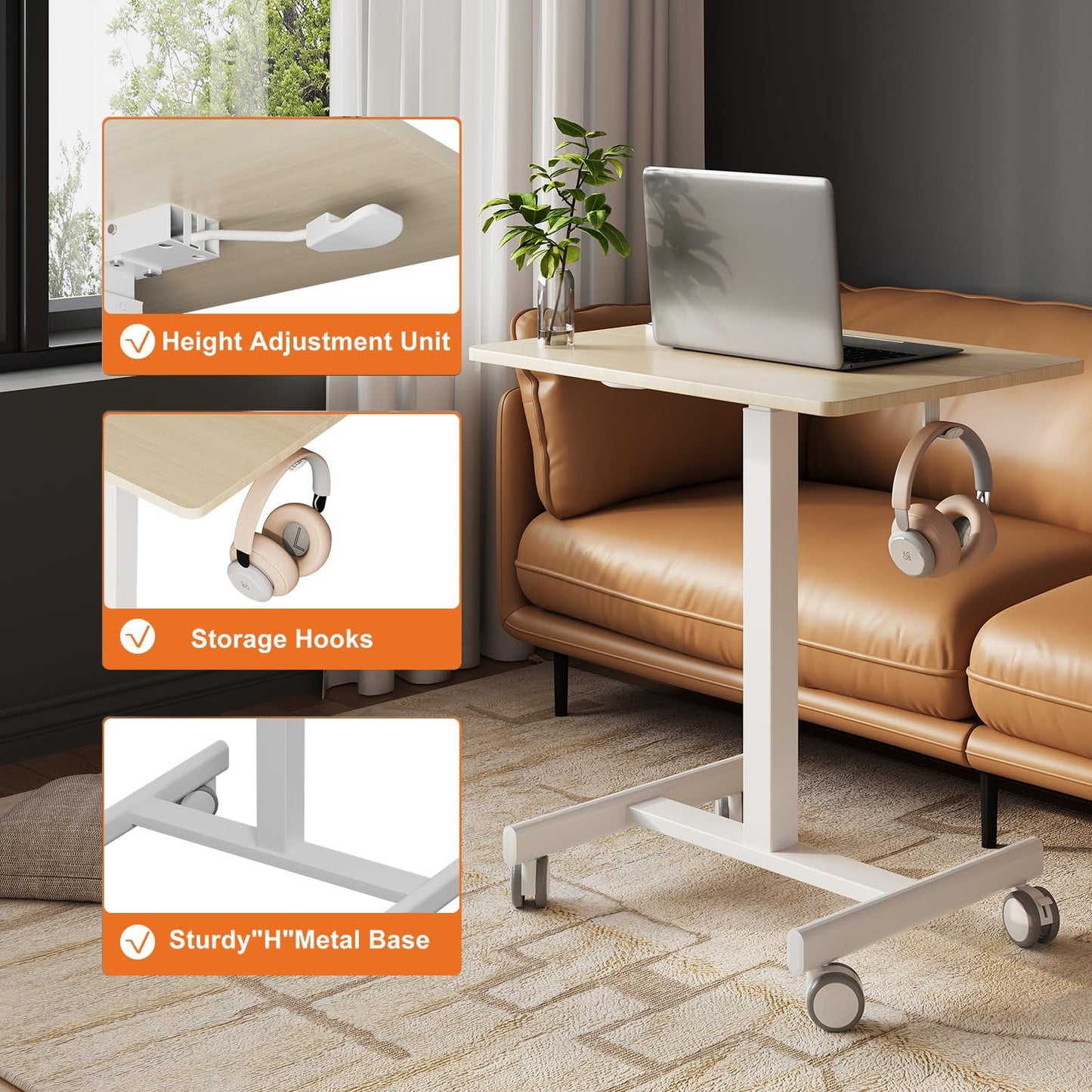 Gamork 18.9*25.6 inch Mobile Standing Desk,T Shaped Pneumatic Adjustable Height Stand Up Desk,with Lockable Wheels,Ergonomic Standing Side Table for Home Office Work Computer Workstation MAPLE+WHITE