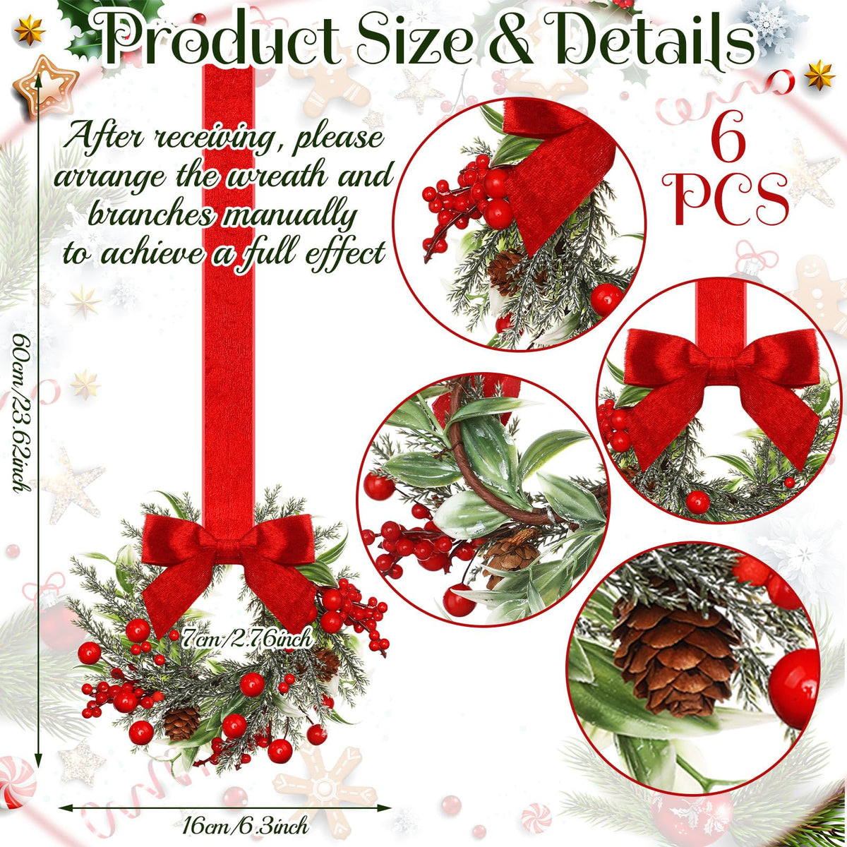 Dingion 6 Pcs 6" Christmas in July Mini Cabinet Wreaths for Kitchen with Ribbon Bows Red Berry Small Window Wreath for Window Door Farmhouse Christmas Party Decorations