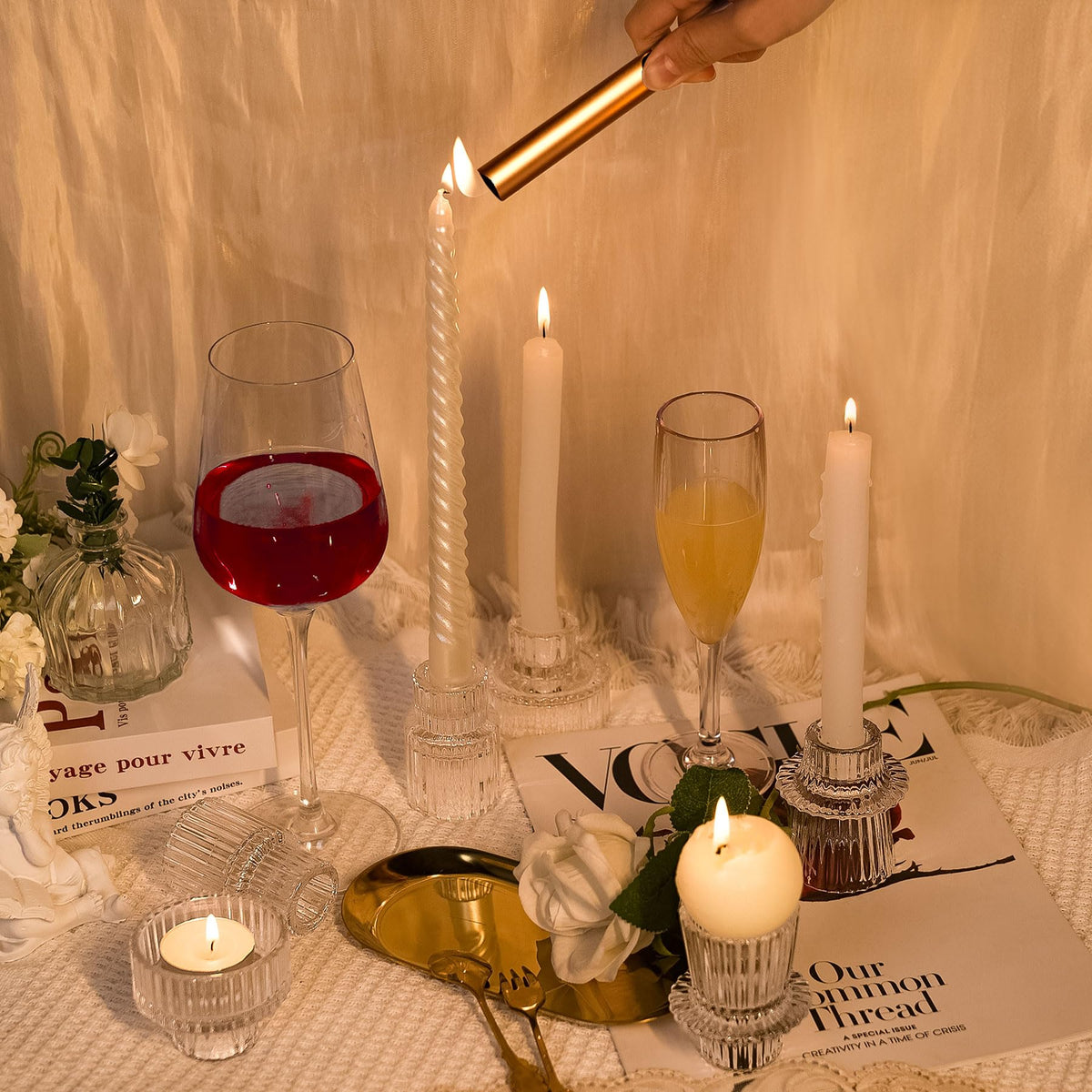 Toptime Candlestick Holders Set of 6, Ribbed Glass Taper Candle Holders, Reversible Clear Tealight & Candle Stick Candle Holder Vintage Crystal Tealight Candle Holder for Wedding Dinner Party