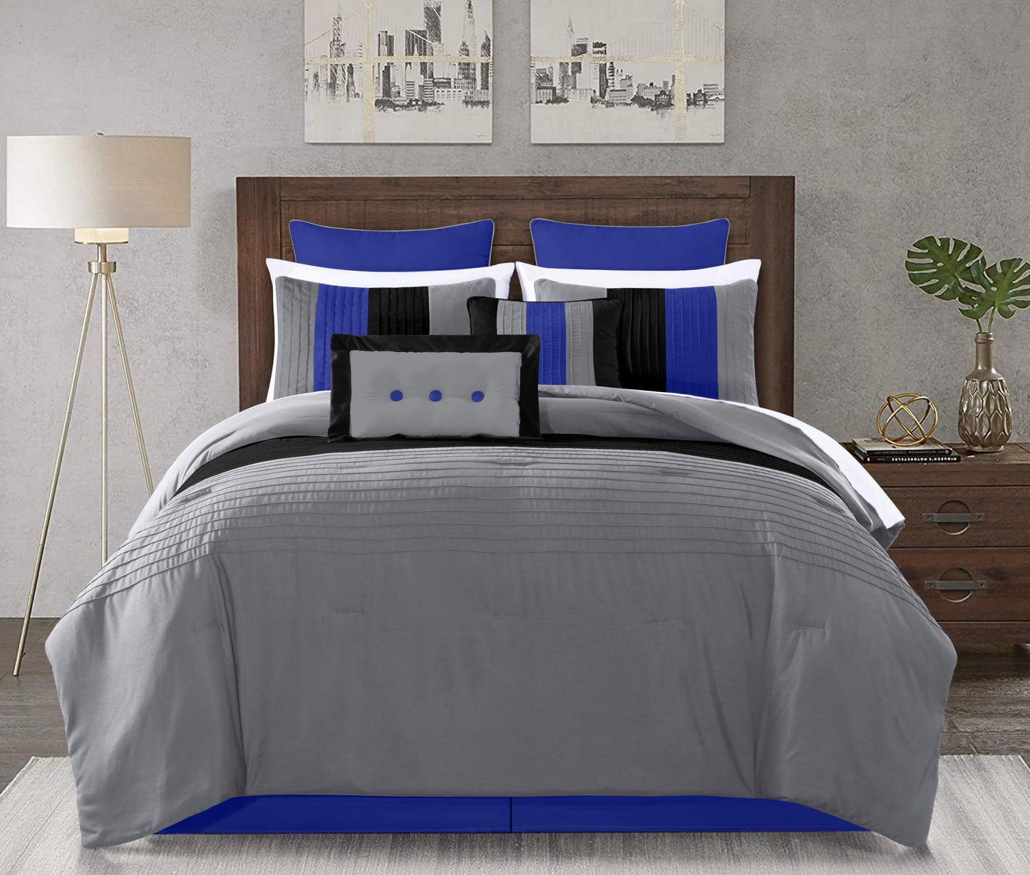 Chezmoi Collection Loft 8-Piece Oversized King Comforter Set, Gray/Blue/Black Luxury Striped Bedding for All Season