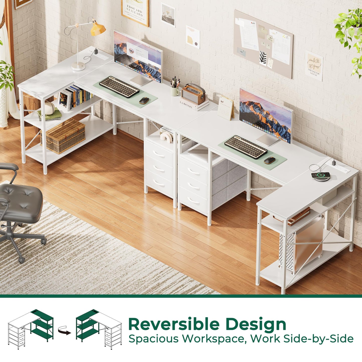Huuger L Shaped Office Desk with Power Outlets, 47 Inch Computer Desk with 3 Drawers, Shelves, for Gaming, Corner Work, Home Office, Study, White