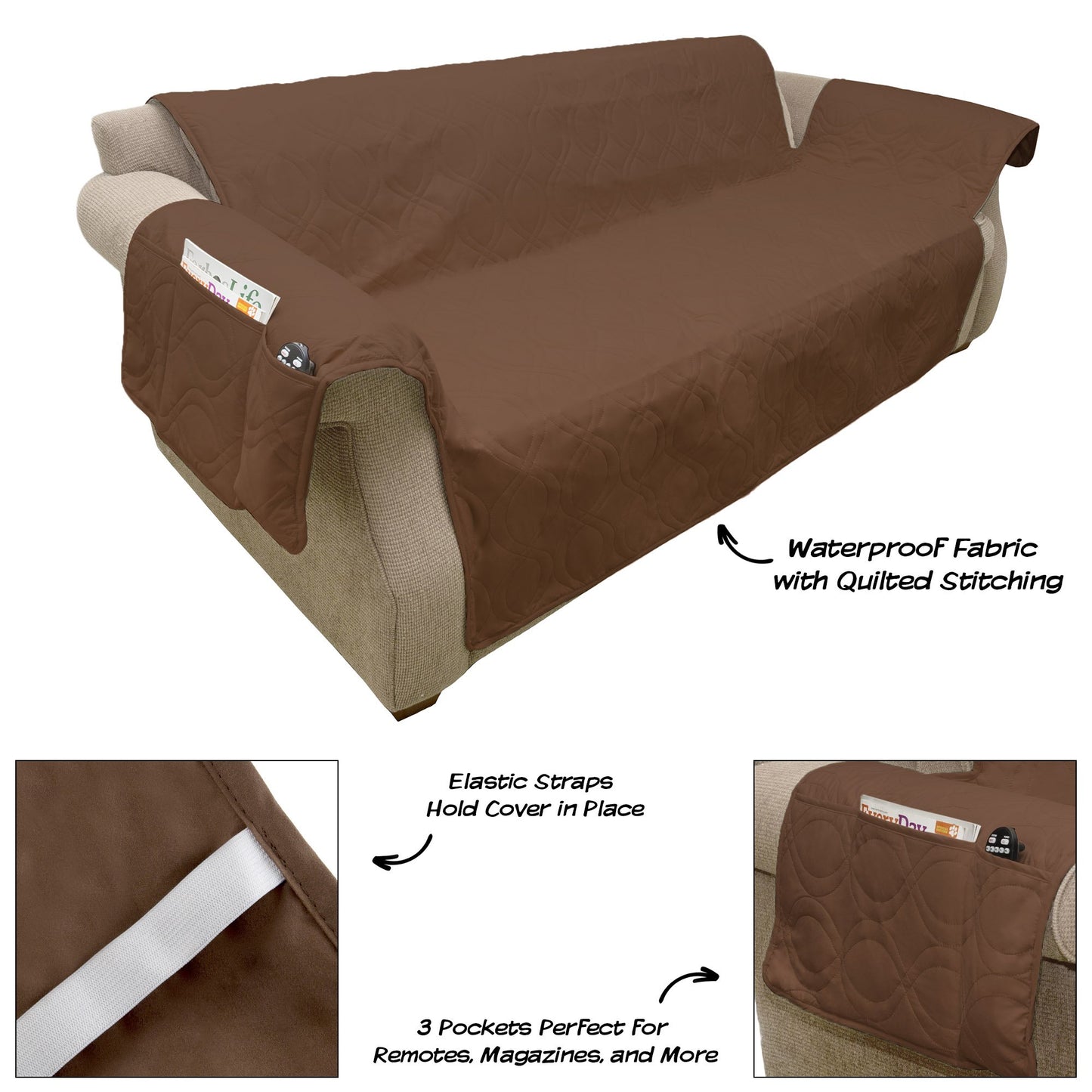 Couch Slipcover for Dogs and Cats - 100-Percent Waterproof and Washable - 3-Cushion Pet Sofa Furniture Cover with Non-Slip Straps by PETMAKER (Brown)