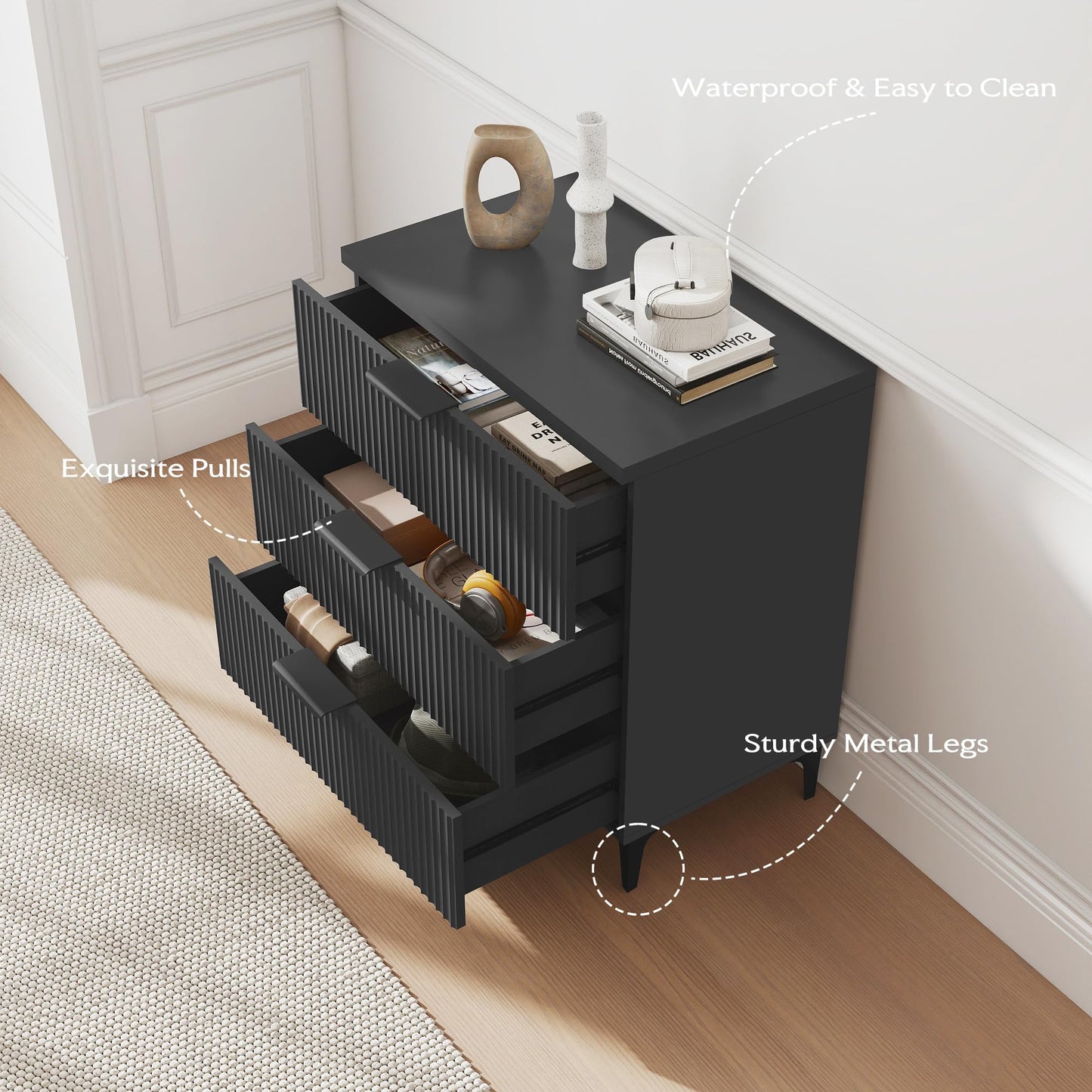 25.6" W Black Fluted Nightstand with 3 Drawer, Modern Wood Night Stands Bedside Table for Bedroom King/Queen Bed, End Table with Robot-Friendly Legs for Living Room,Entry