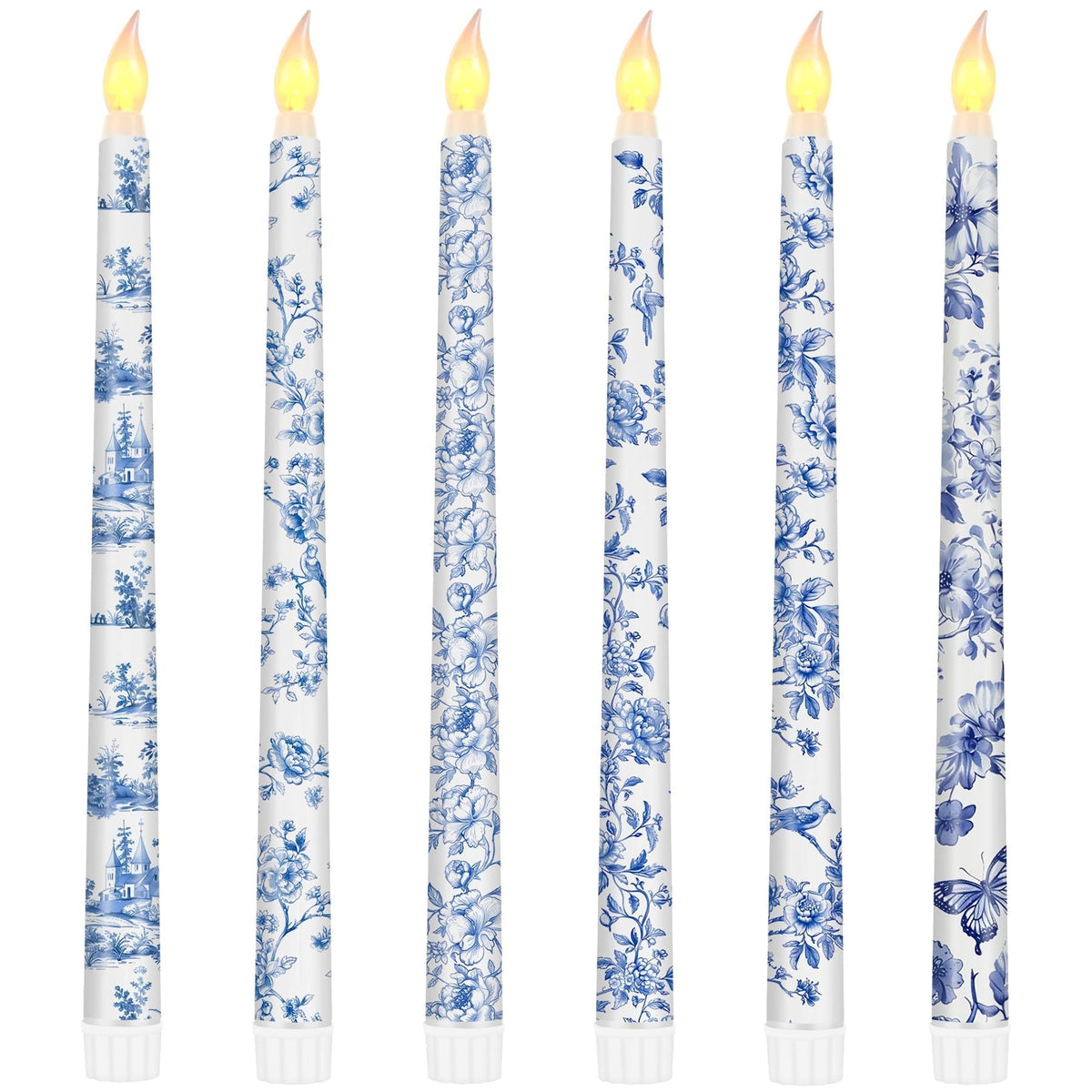 Kuabiz 6 Pcs Chinoiserie Flameless Candles 10.8 Inch Floral Taper Candles Blue and White Battery Operated Candle Decor for Wedding Table Centerpiece Garden Home Party Decor Supplies