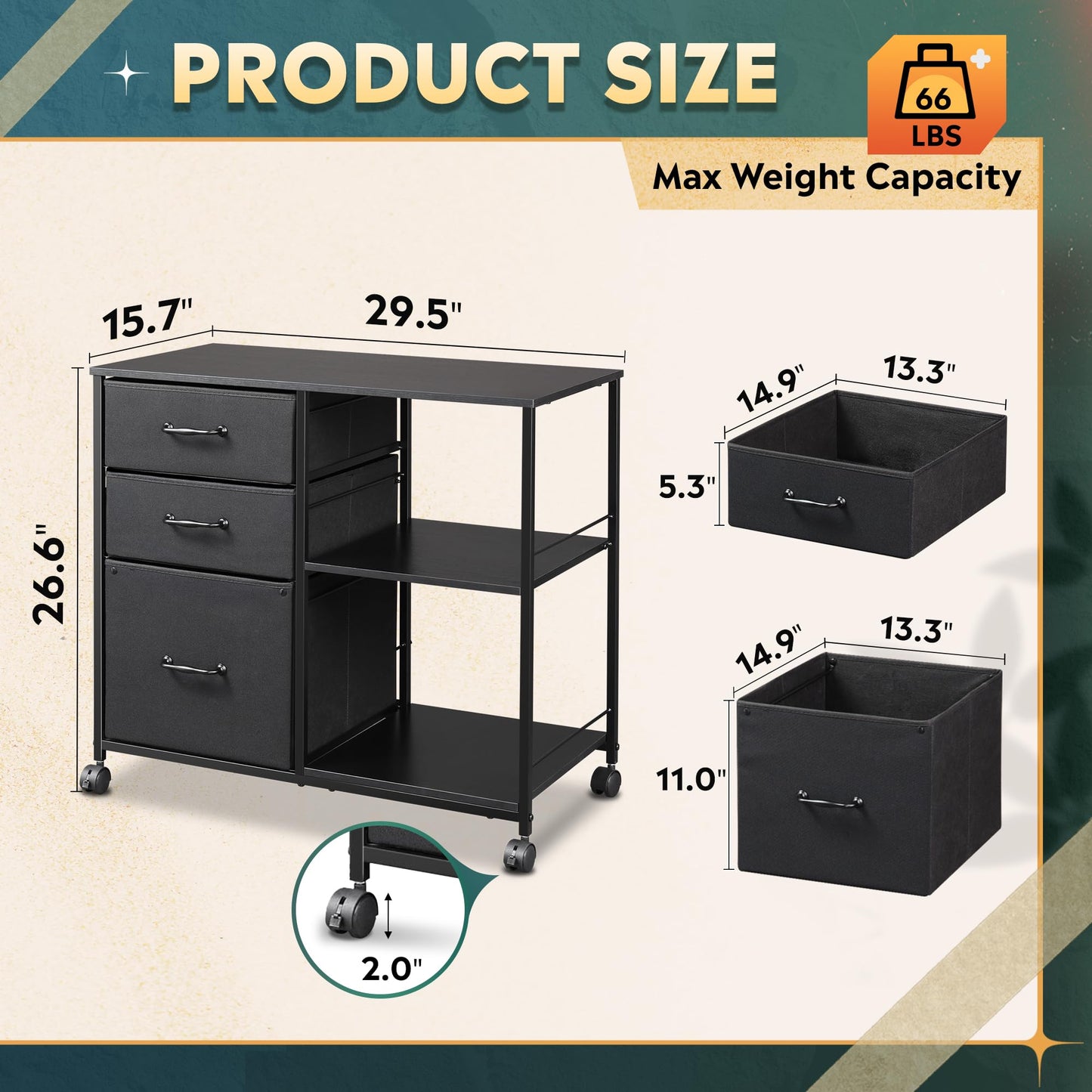 DEVAISE 3 Drawer Mobile File Cabinet, Rolling Printer Stand with Open Storage Shelf, Fabric Lateral Filing Cabinet fits A4 or Letter Size for Home Office, Black