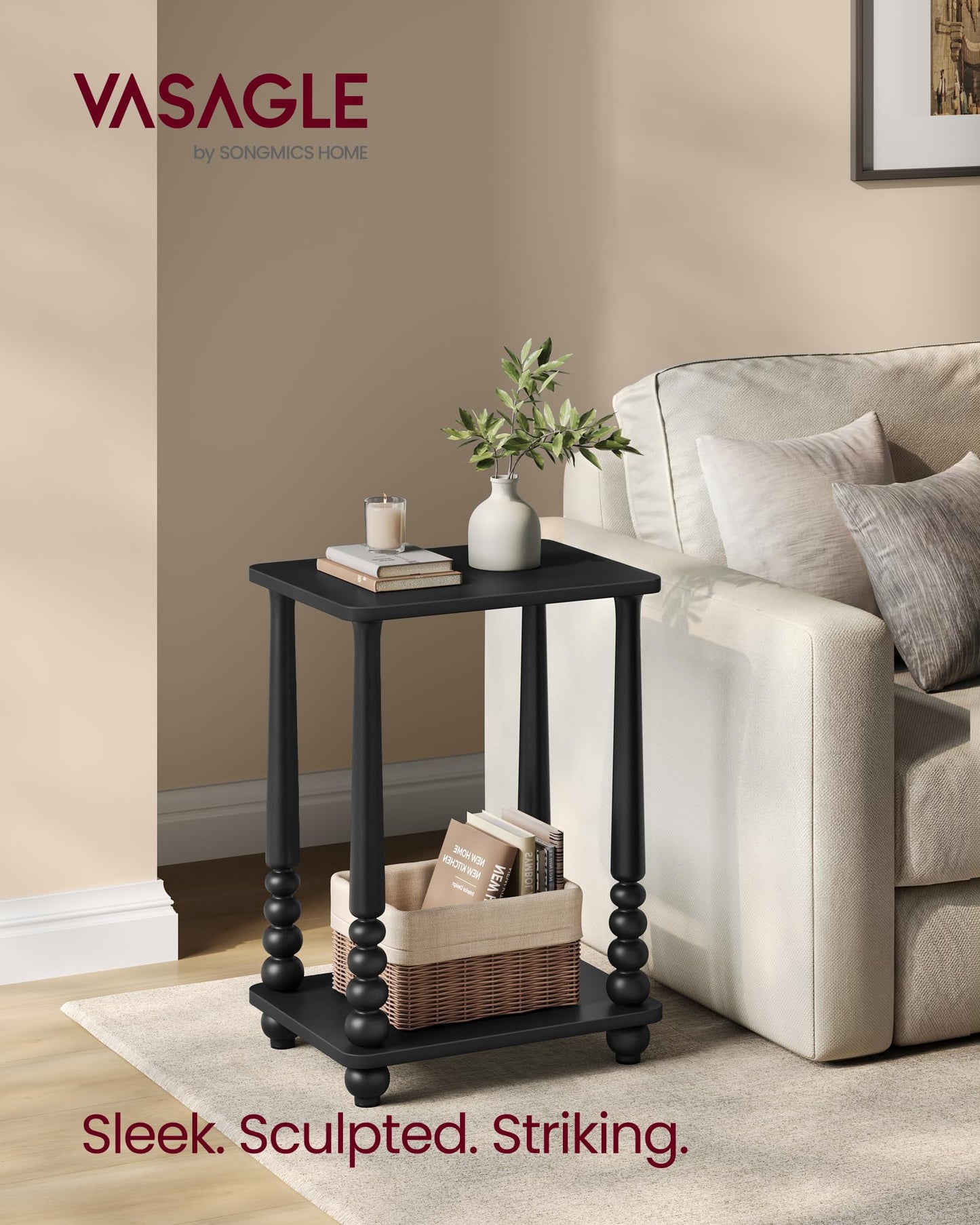 VASAGLE Mariel Collection - Side Table, Accent Nightstand for Small Spaces, Rectangular End Table with Shelf, Solid Wood Legs, Mid-Century Modern, Living Room Bedroom, Ink Black ULET294BC01S