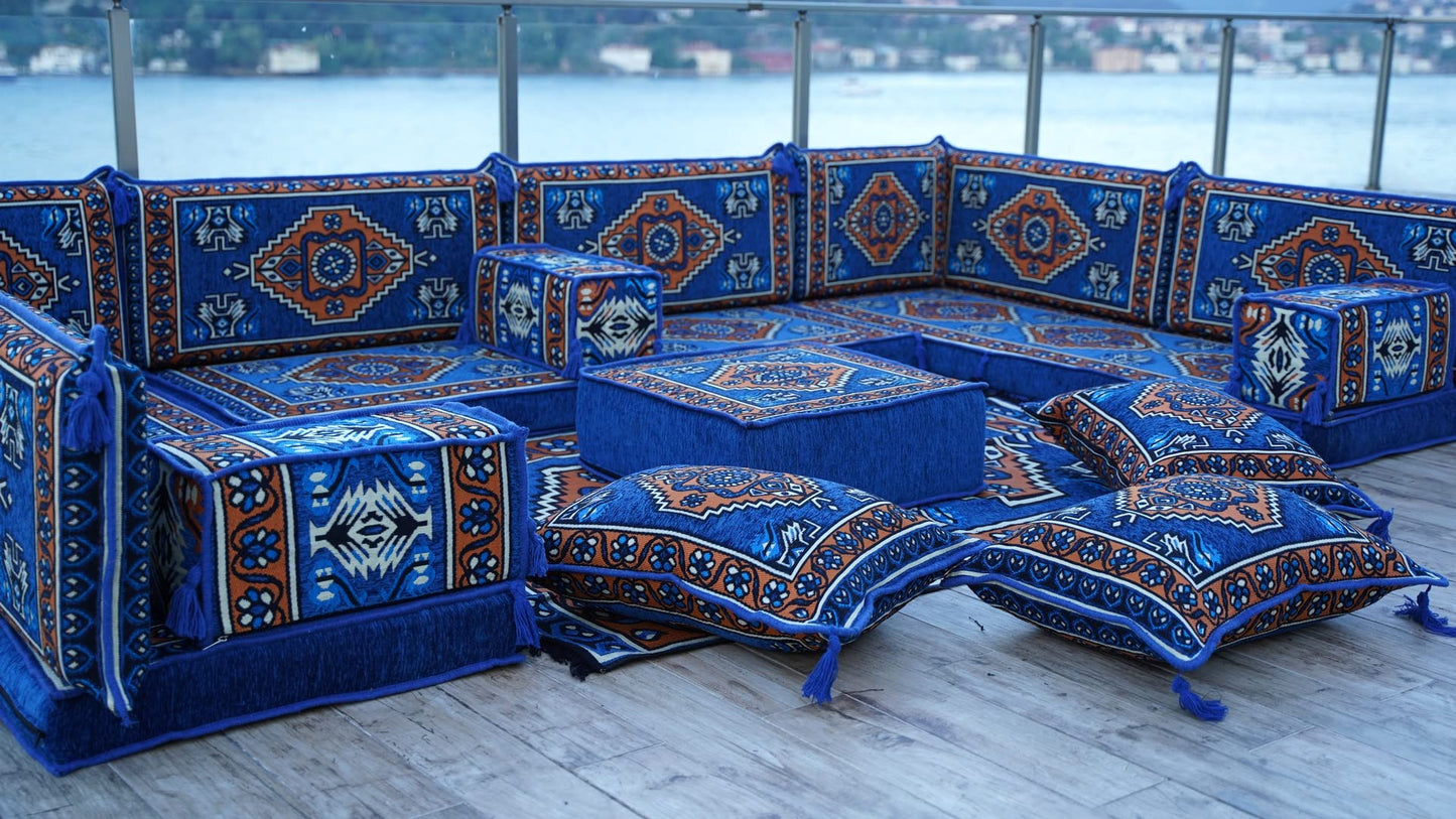 arabicsofa Blue Middle Eastern Moroccan Majlis – U Shaped Oriental Floor Seating Jalsa Modular Sofa