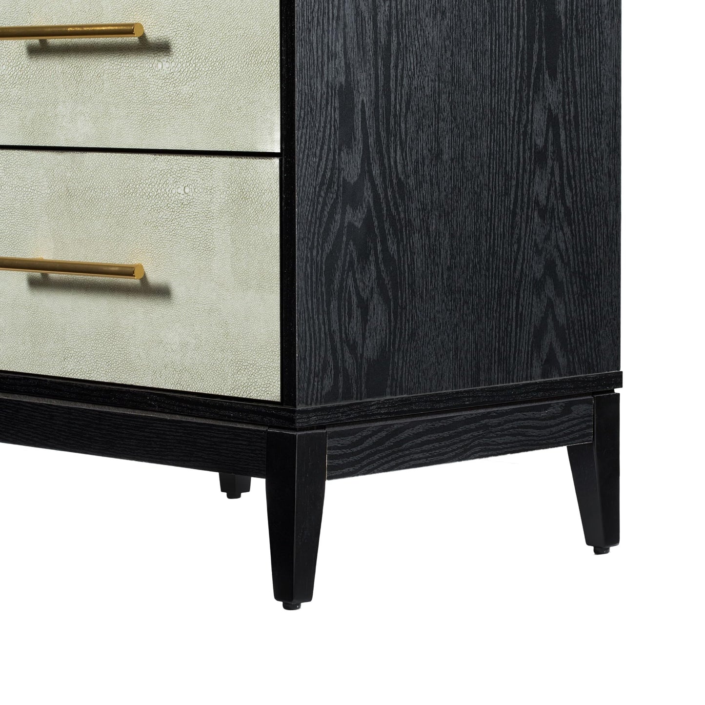 SANGO Shagreen 2-Drawer Nightstand, Modern Black Bedside Table with Gray Faux Shagreen Drawer Fronts, Brass Handles, Sturdy Legs, Elegant Storage for Contemporary & Luxury Homes