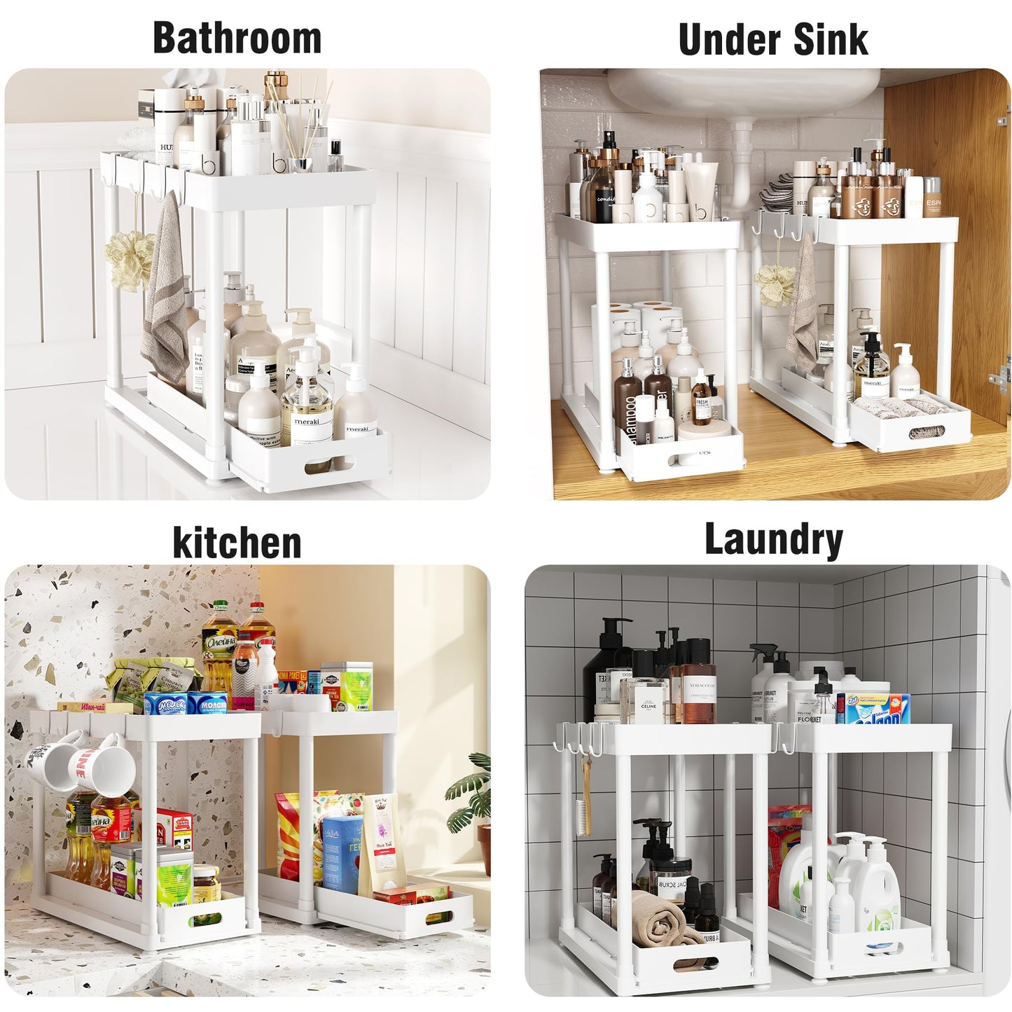 POUGNY 2 Pack Pull-Out Storage Organizers, Under Sink Organizer and Storage for Bathroom & Kitchen,Multi-Purpose Under Cabinet Organizers and storage Black