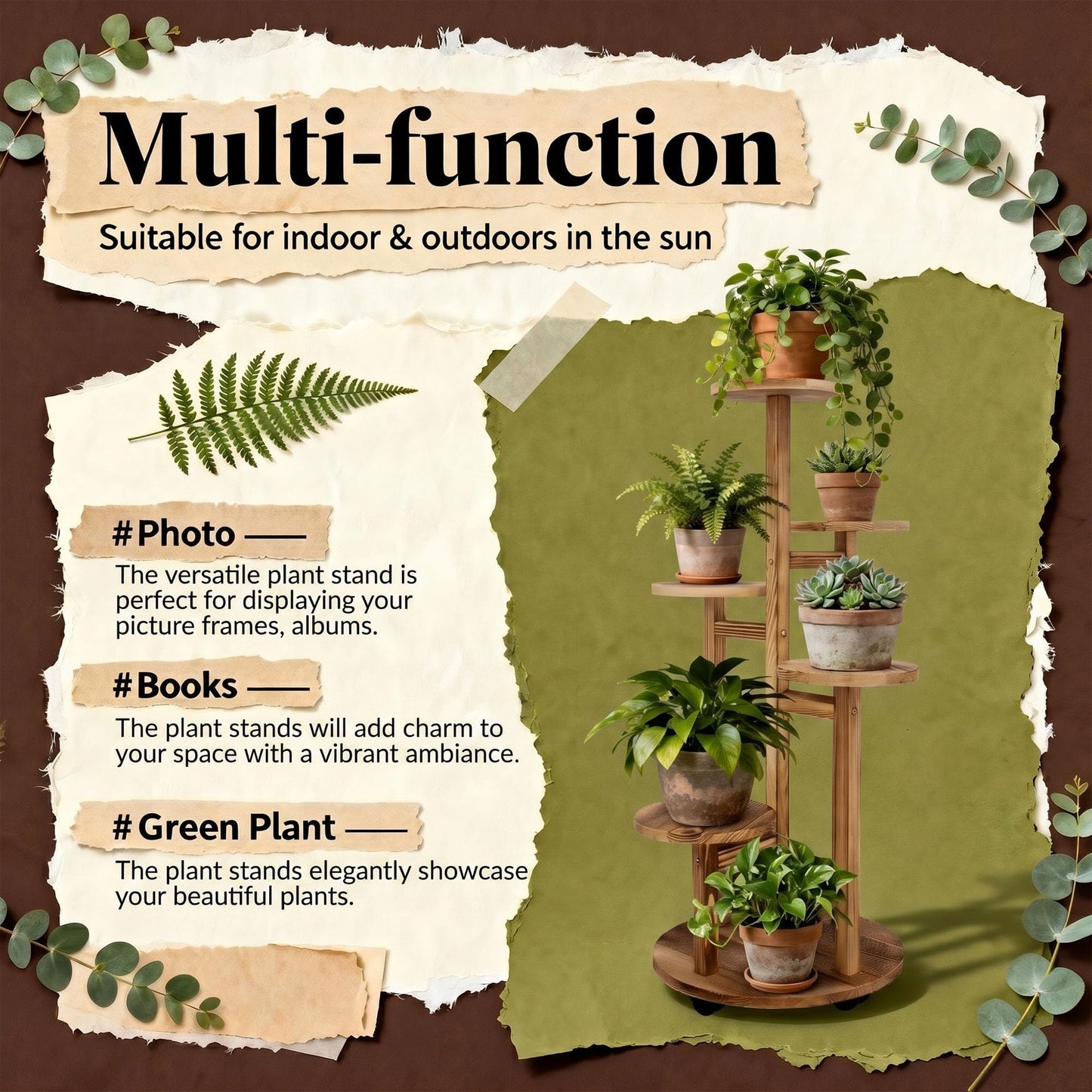 GEEBOBO 5 Tiered Tall Plant Stand for Indoor, Wood Plant Shelf Corner Display Rack, Multi-tier Planter Pot Holder Flower Stand for Living Room Balcony Garden Patio (Brown)
